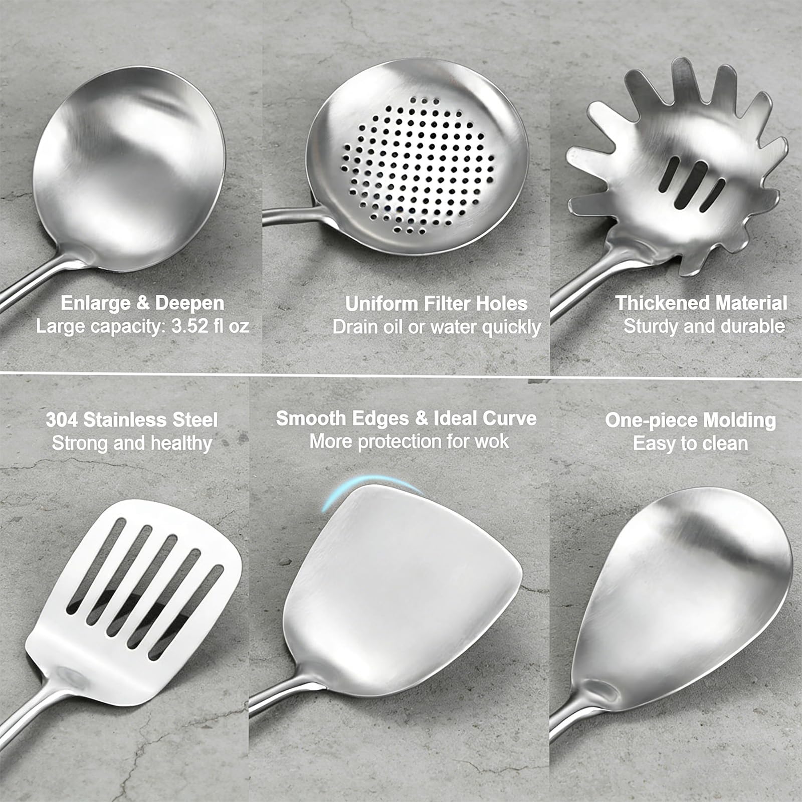 Set da 6 Utensili da Cucina in Acciaio Inossidabile | Resistenti Al Calore, Include Mestolo, Palette, Schiumarola E Cucchiaio Per Pasta, Lavabili In Lavastoviglie