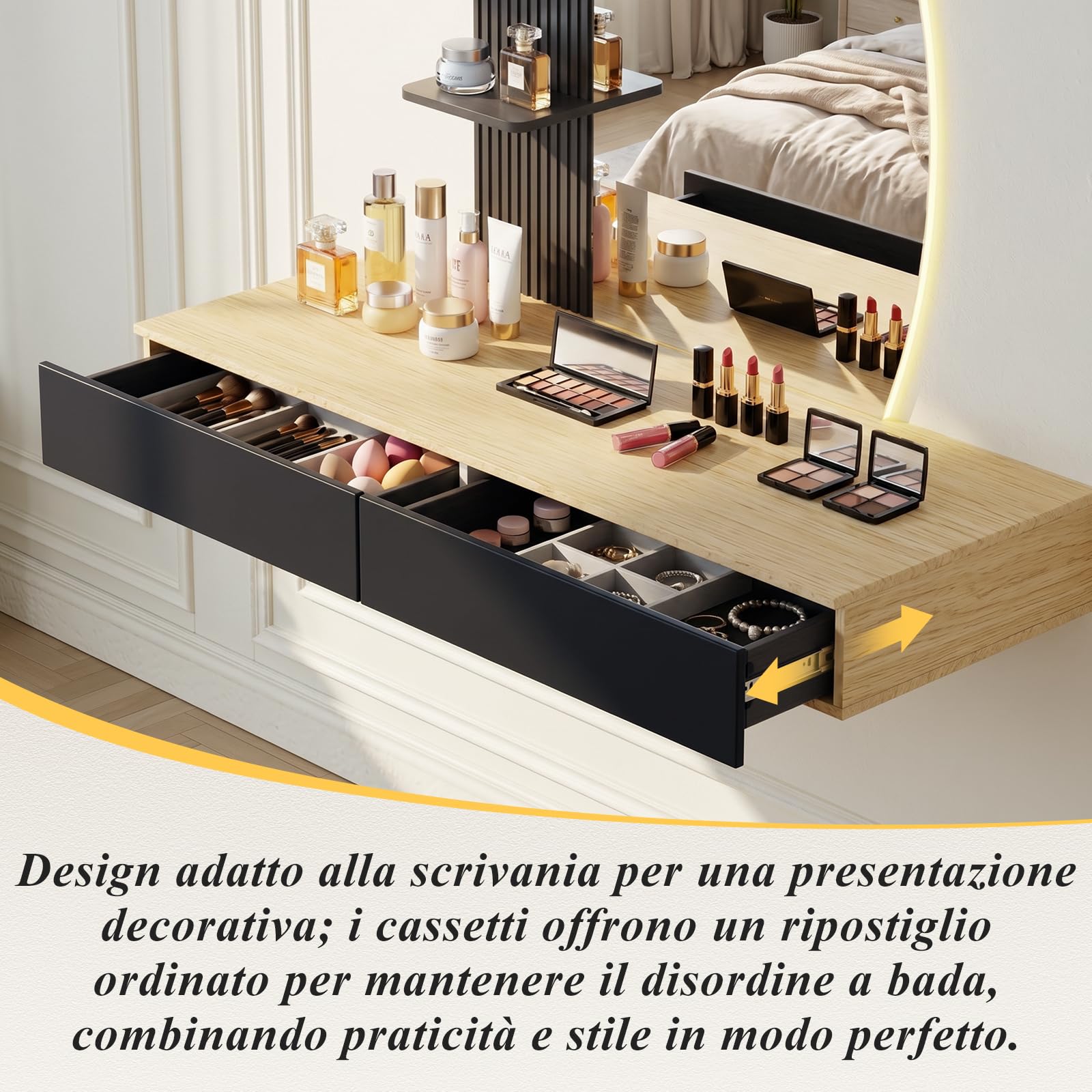 JUMMICO Toeletta da parete sospesa con specchio HD e illuminazione LED, dimmer touch, 3 temperature di colore e cassetti (Nero)