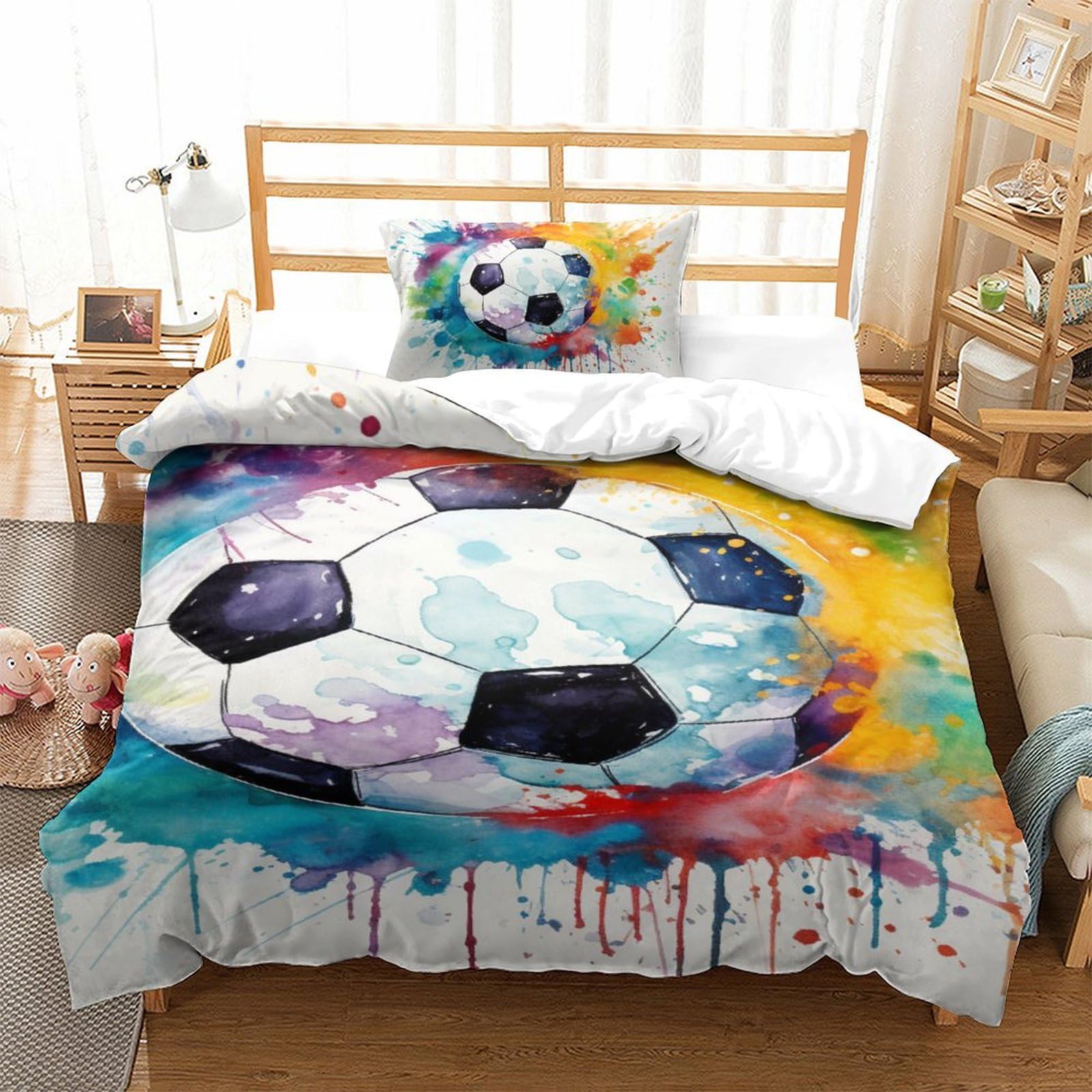 Housse de couette football 135x200 cm avec sa taie d'oreiller en microfibre pour lit simple