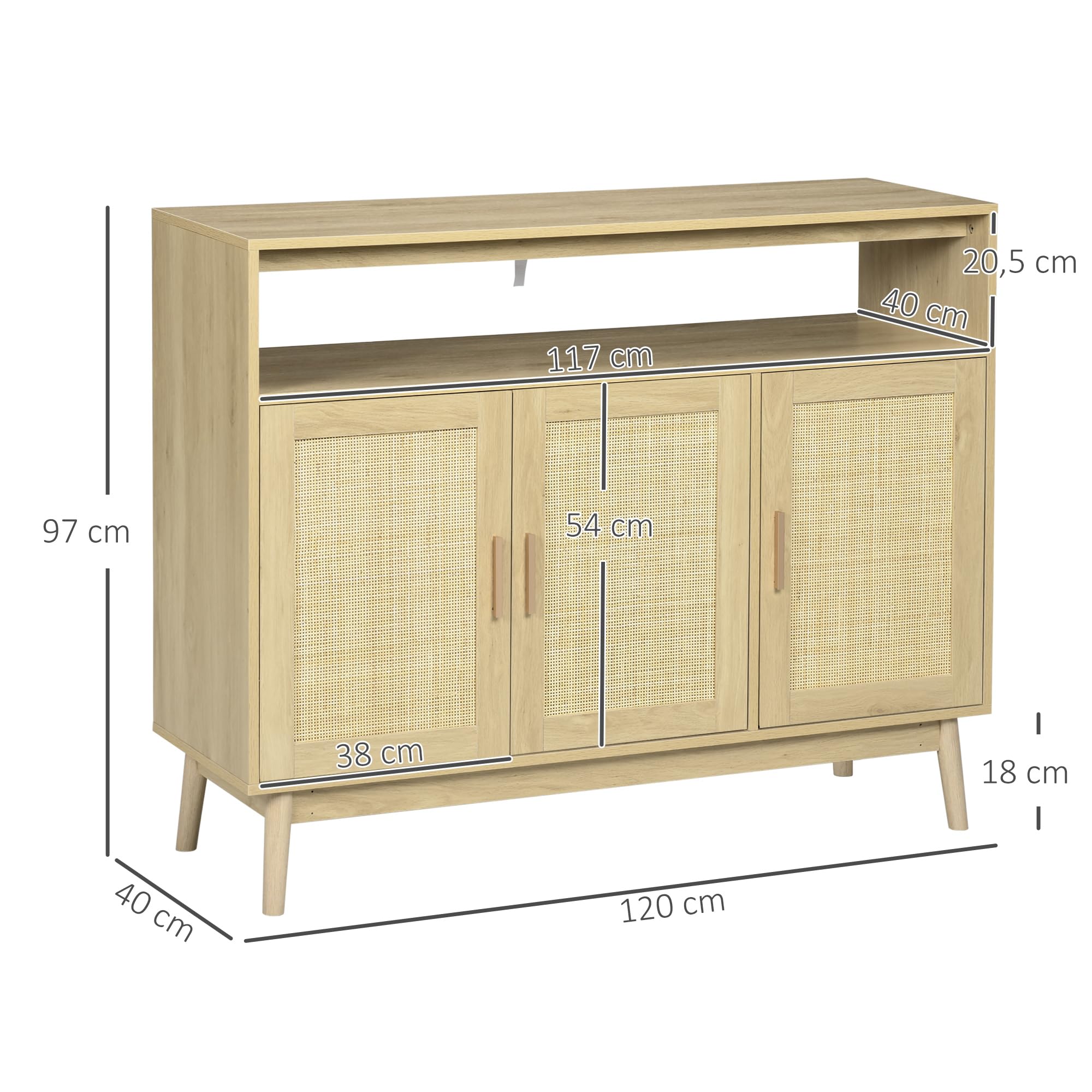 HOMCOM Aparador de Cocina con 3 Puertas de Ratán 120x40x97 cm Natural | Estilo Boho, Mueble Buffet Auxiliar, Estantes Ajustables, Patas de Madera, para Salón Comedor