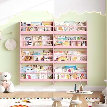 FOREHILL Kids Bookshelf Wall Mounted Childrens Bookcase with 4 Tiers Rack