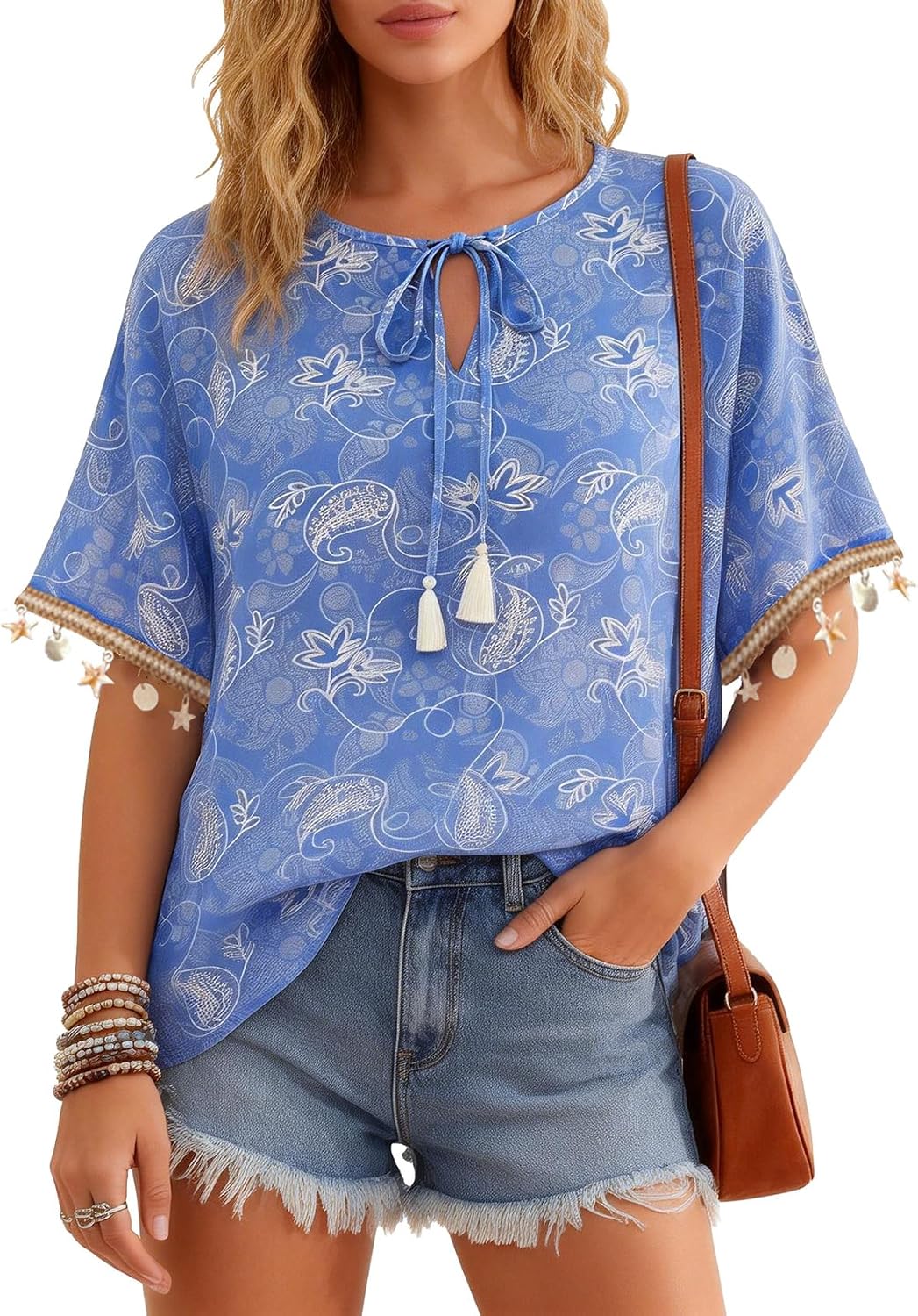 Boho Floral Tops for Women V Neck Peasant Blouse Summer Floral Print Dressy Short Sleeve Tunic