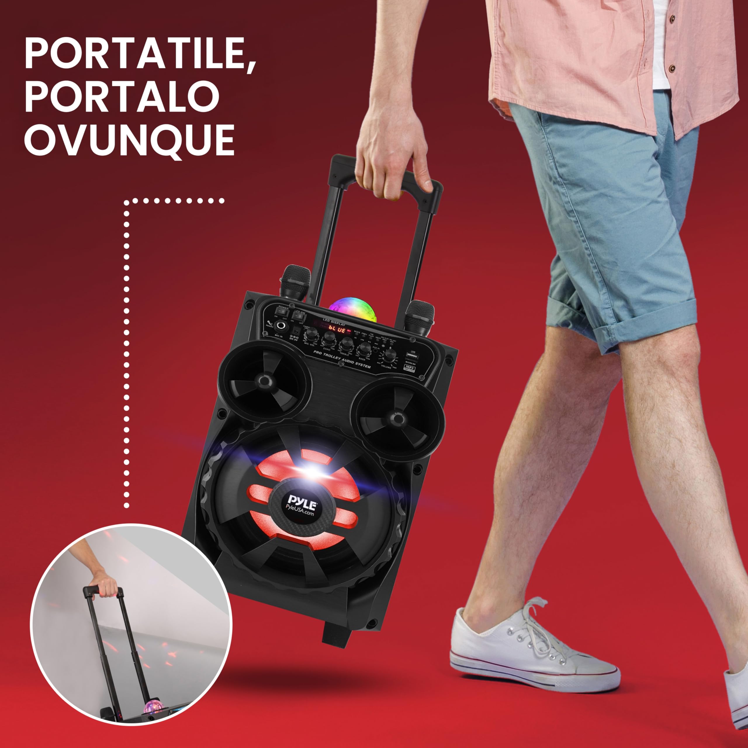 Pyle Cassa Bluetooth Portatile 580 Watt, Altoparlante Bluetooth 20,3 cm con Microfono Wireless, Ruote, Trolley, TWS, Luci LED Disco, Display, FM/AUX/MP3/USB/SD, Ingresso 6,35 mm