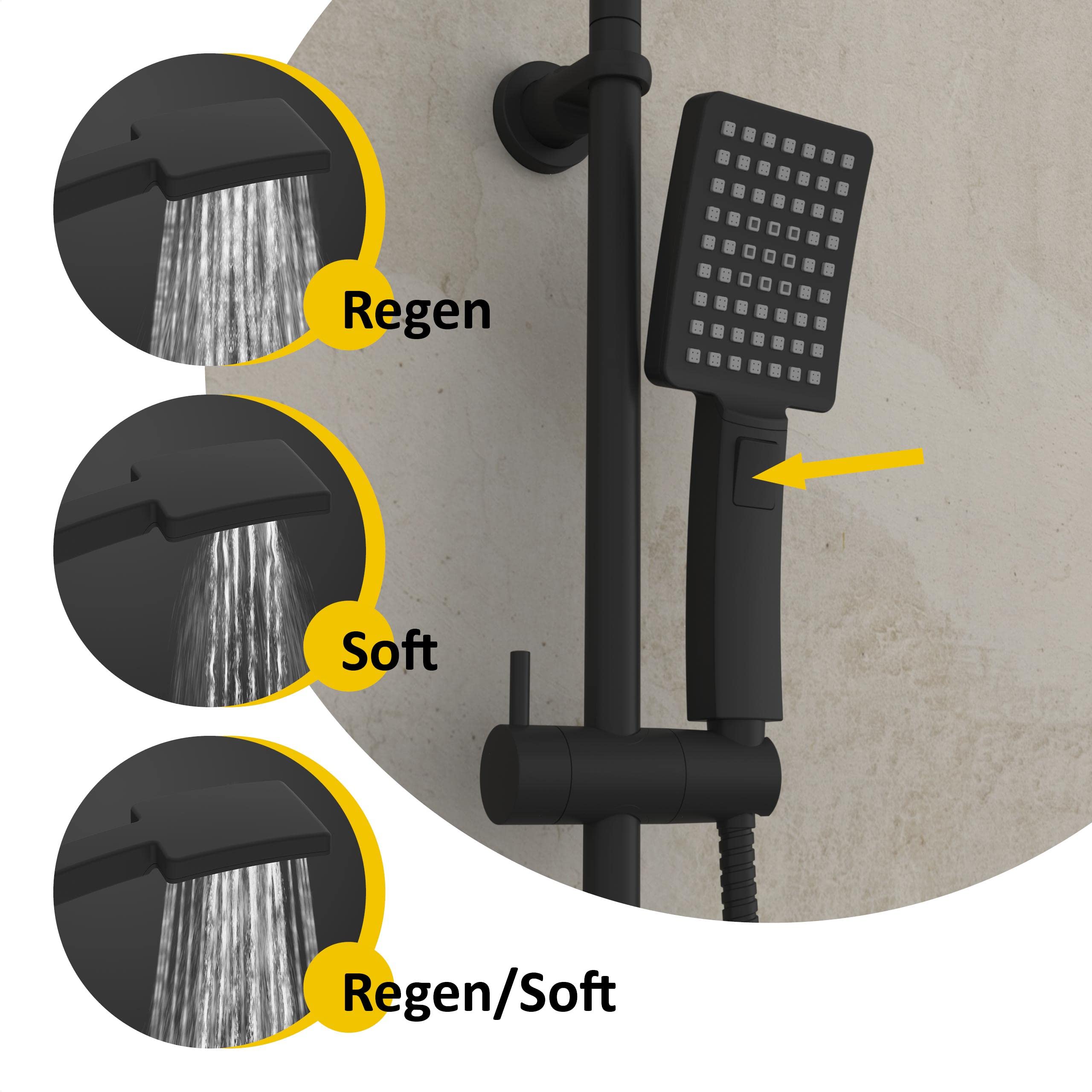 Instmaier Duscharmatur DS4 – Schwarzes Duschset Mit Großem Regenduschkopf Und Handbrause, 3 Funktionen
