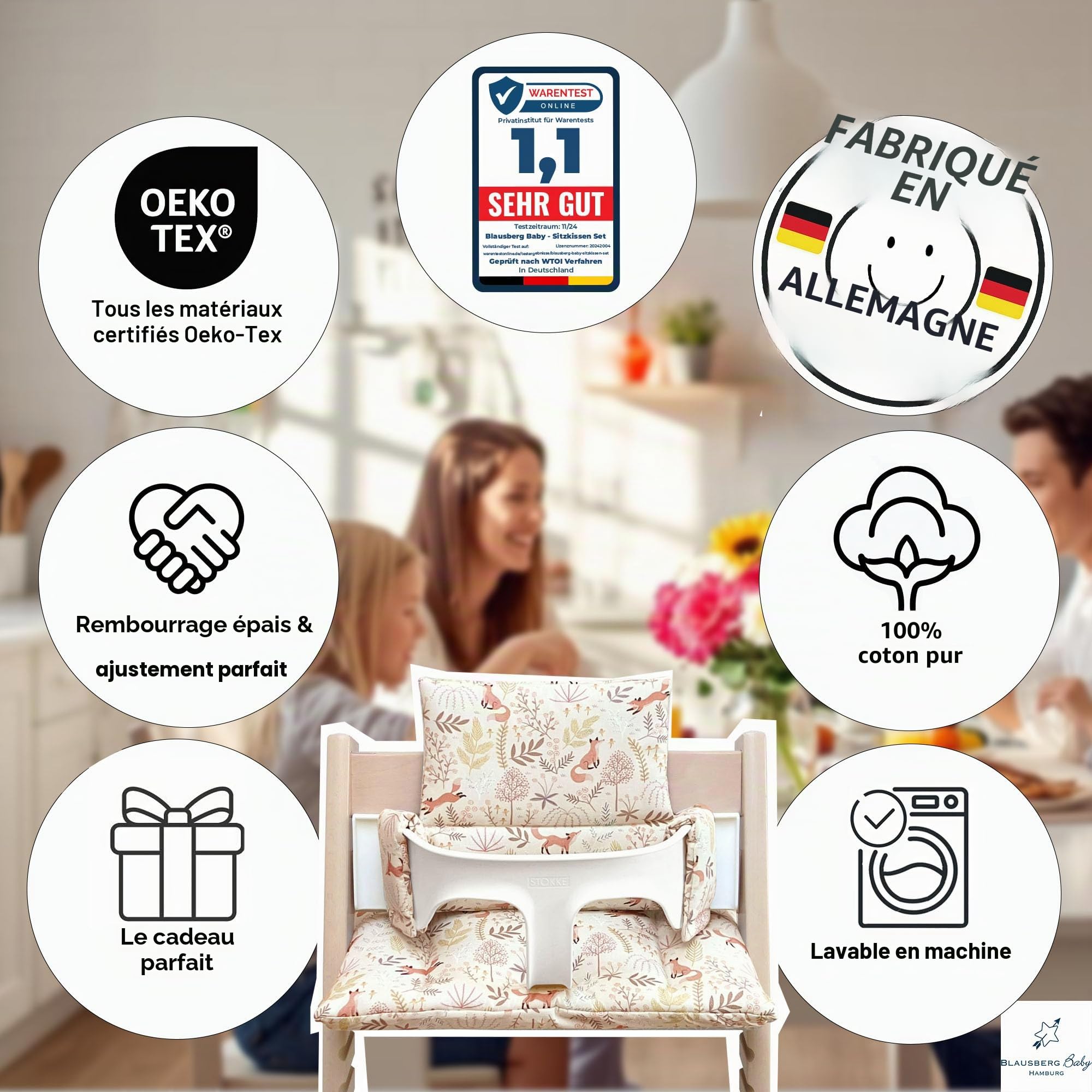 Blausberg Baby - Coussin Set compatible avec Tripp Trapp Stokke, fabriqué à main en Allemagne, matériaux certifiés OEKO-TEX Standard - Renard beige