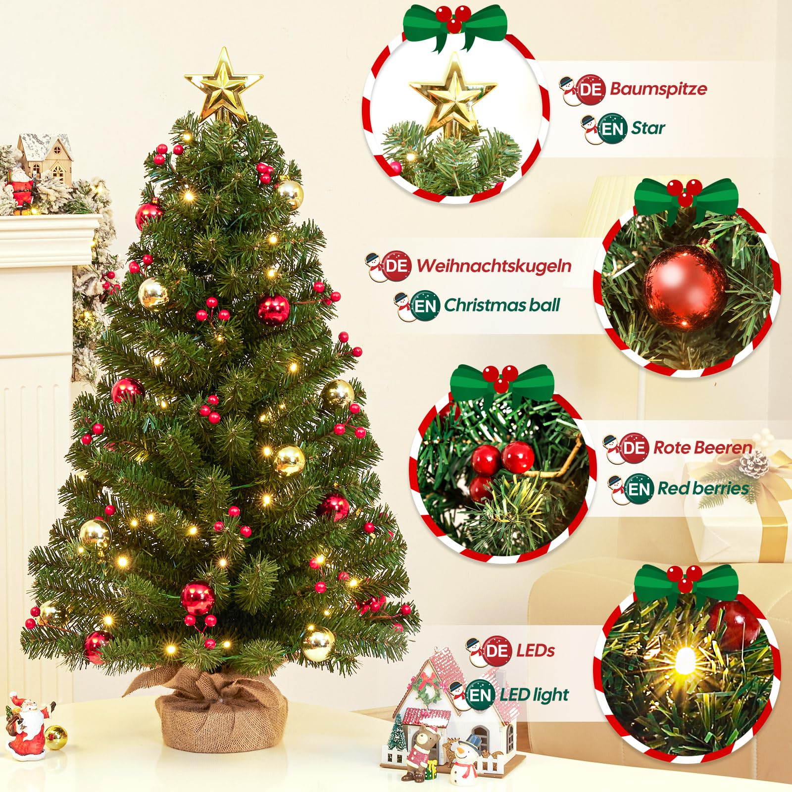 Yorbay Mini Weihnachtsbaum mit 50 Warmweiß LEDs: Tischbaum mit 8 Licht Modi | Tannenbaum mit Stern-Baumspitze und Deko Batterie betrieben - 70cm Künstlicher Christbaum mit Fernbedienung für Weihnachten