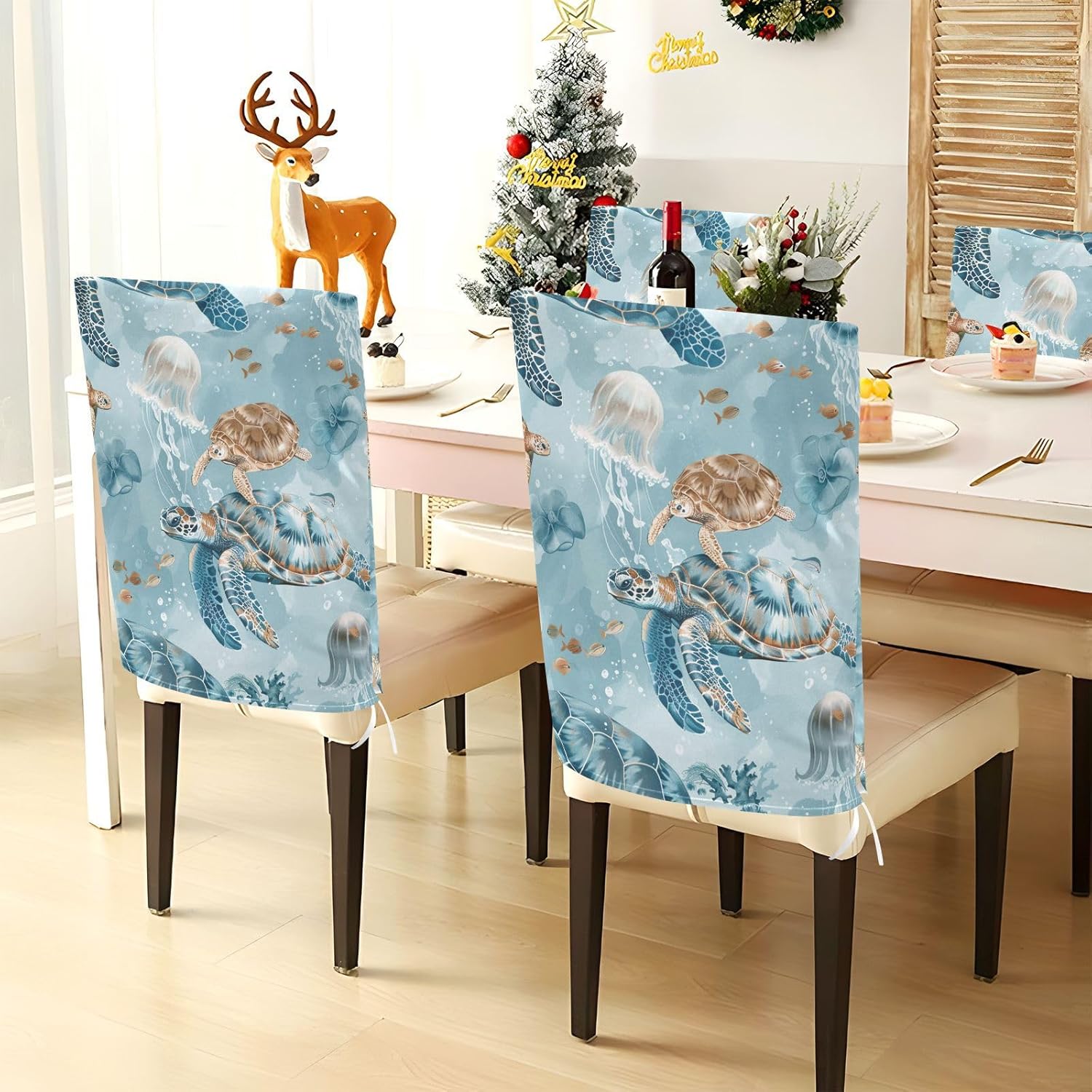 ALAZA Jellyfish Turtle Chair Back Cover Set of 6, Washable Reusable Removable Chair Slipcovers Decorative Chair Cover for Home Kitchen Wedding Party