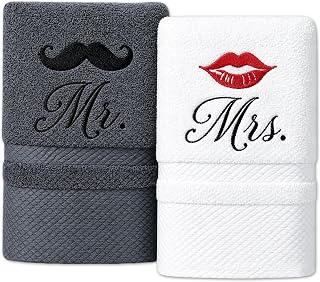 AHEJIOO Hochzeitsgeschenk, 2 Stück Baumwolle Handtuch Set Grau Und Weiß, Praktische Hochzeitsgeschenke Für Brautpaar, Edle Mr Und Mrs Deko Für Badezimmer Und Verlobung