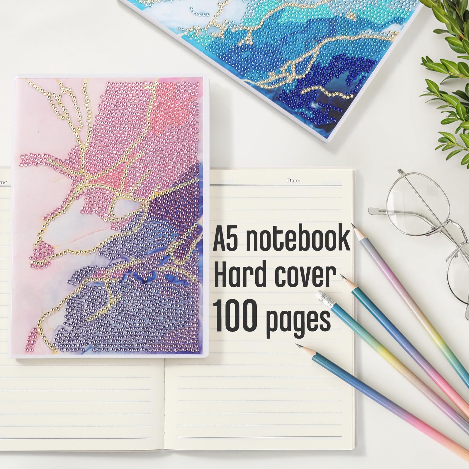 Mooliwe 4 cuadernos de pintura de diamantes 5D para adultos, diario de arte de diamantes, juegos de arte de diamantes, juegos de arte de diamantes, A5, cuaderno de bocetos de pintura de cuero,