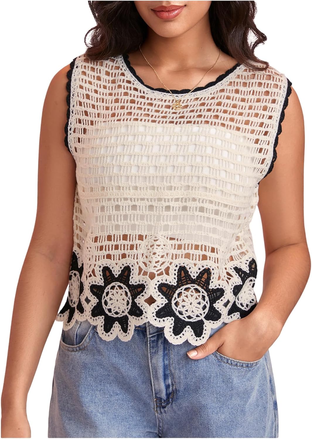 WDIRARA Women's Crochet Knit Sweater Vest Floral Hollow Out Crew Neck Sleeveless Tank Tops Knitwear