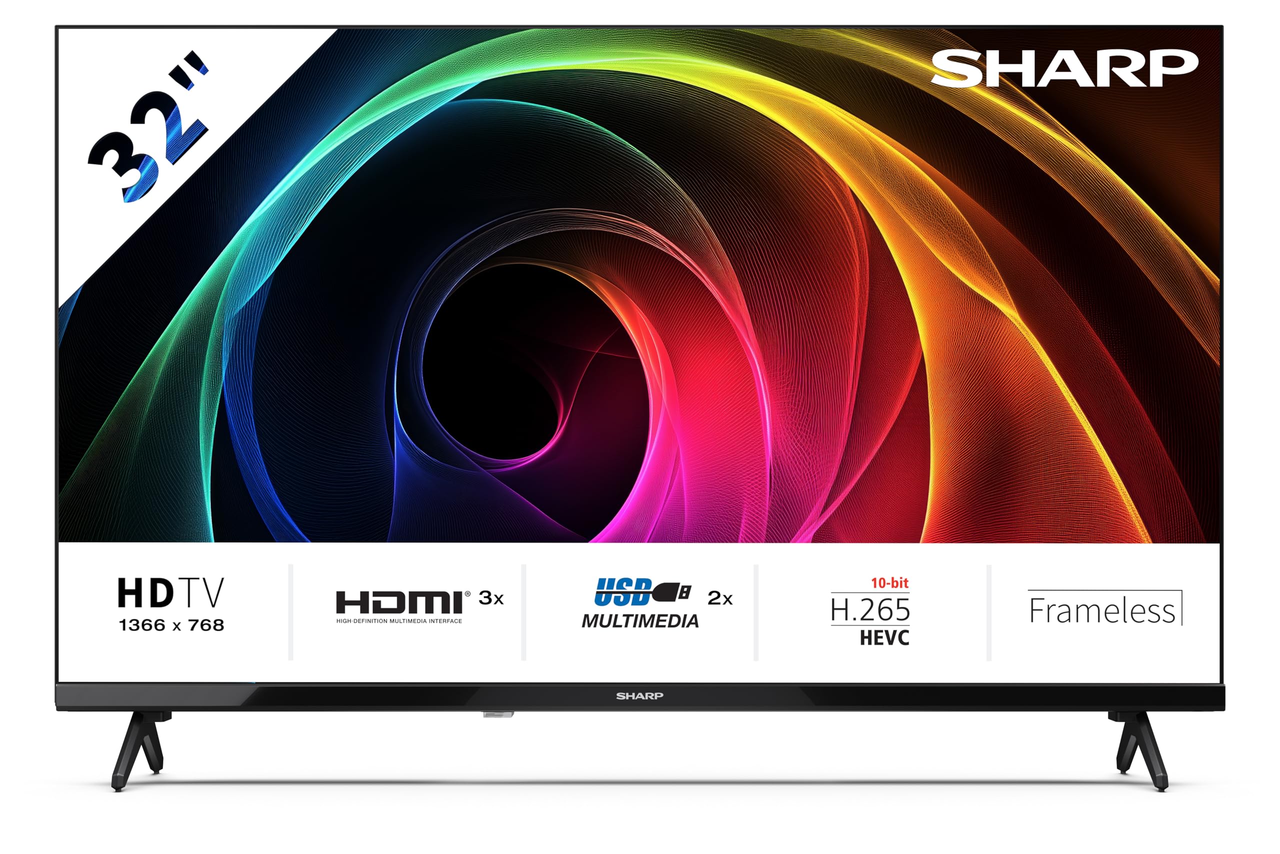 SHARP 32HA1305E – Non-SMART 32" HD, Rahmenlos, 60 Hz, Audio 2x8 W, HDMI x3, USB x2, Farbe Schwarz