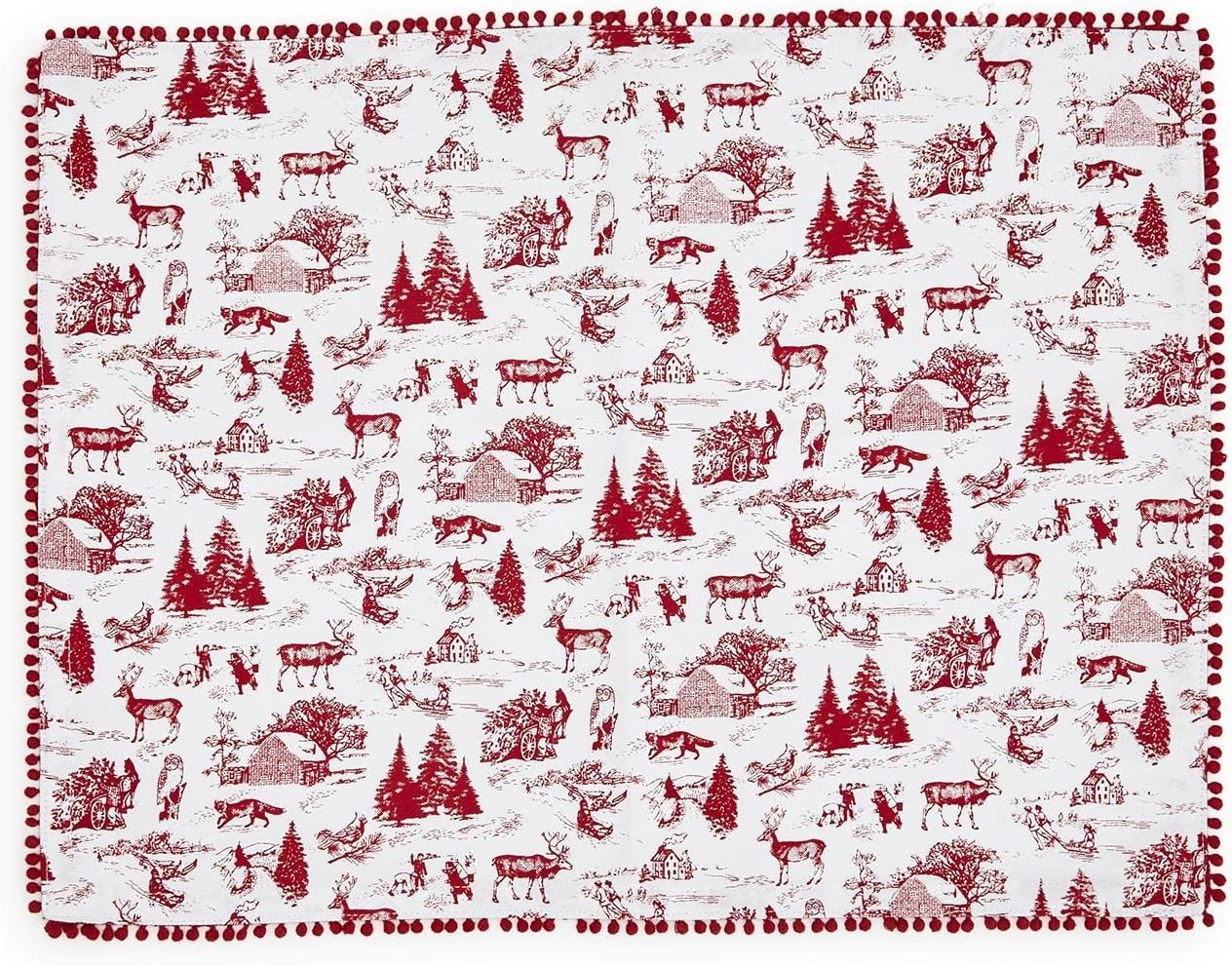 Two's Company Winter Toile Set of 4 Placemats with Pom Pom Trim