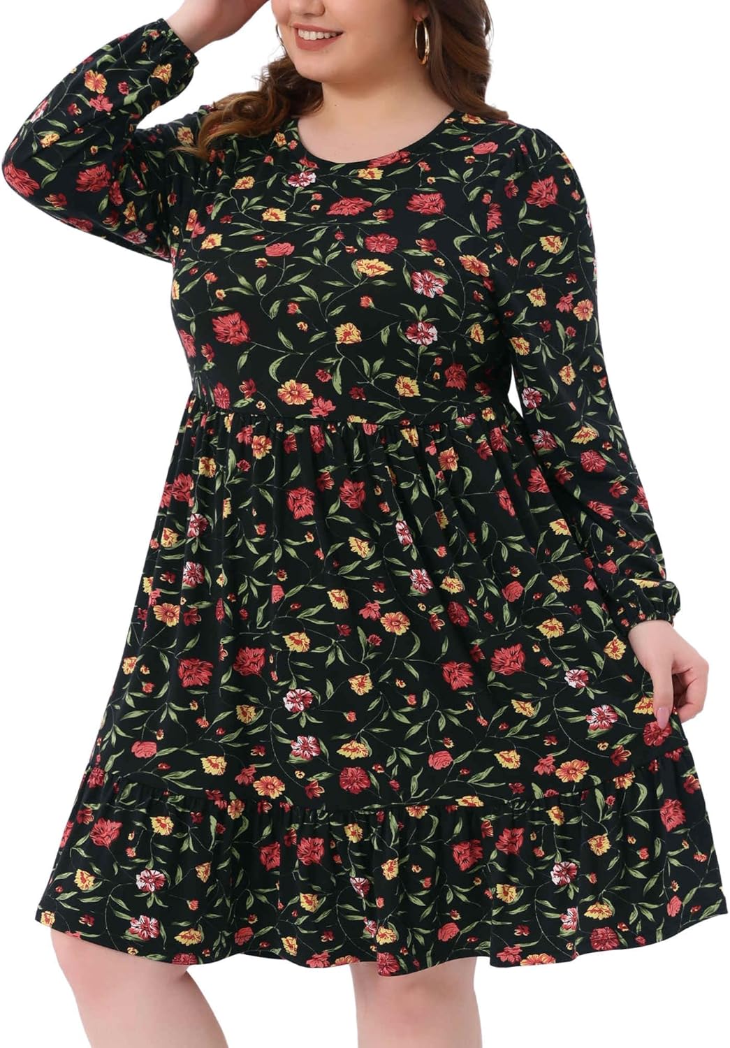 Agnes Orinda Plus Size Fall Dress for Women Round Neck Long Sleeve Pleated Tiered Midi Floral Dresses