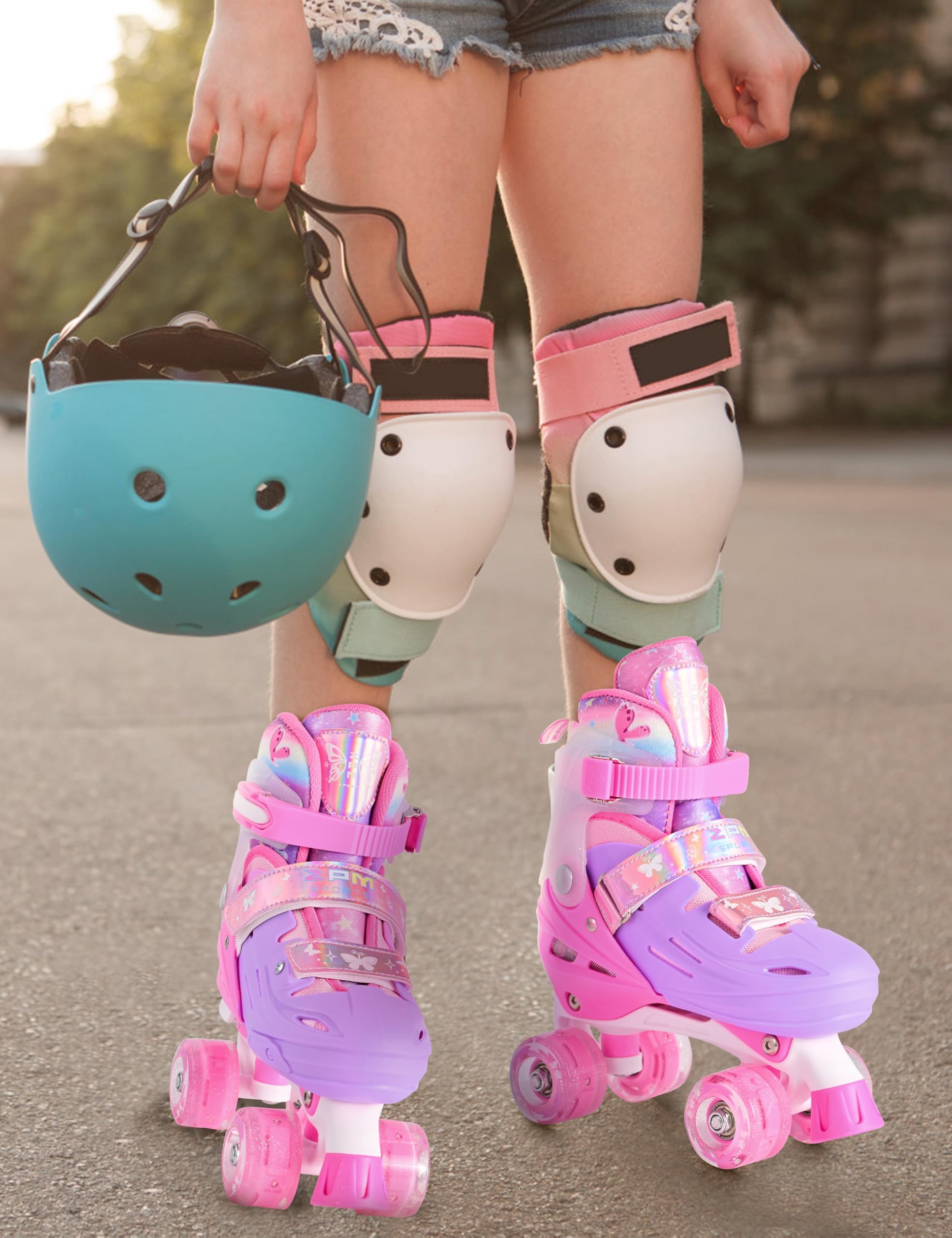 2PM SPORTS Patins à roulettes pour Enfants Fille - Rose Bleu Réglable 4 Roues pour Débutant Intérieur Extérieur