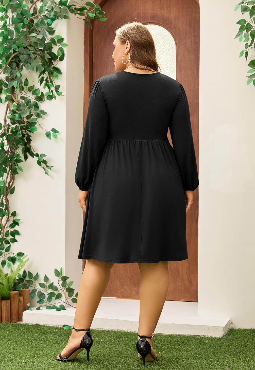 AMCLOS Women's Plus Size Square with Deep V Neck Sexy Flowy Dress Twist Knot Front 2 Pockets Long Sleeve Casual Party Work - Image 6