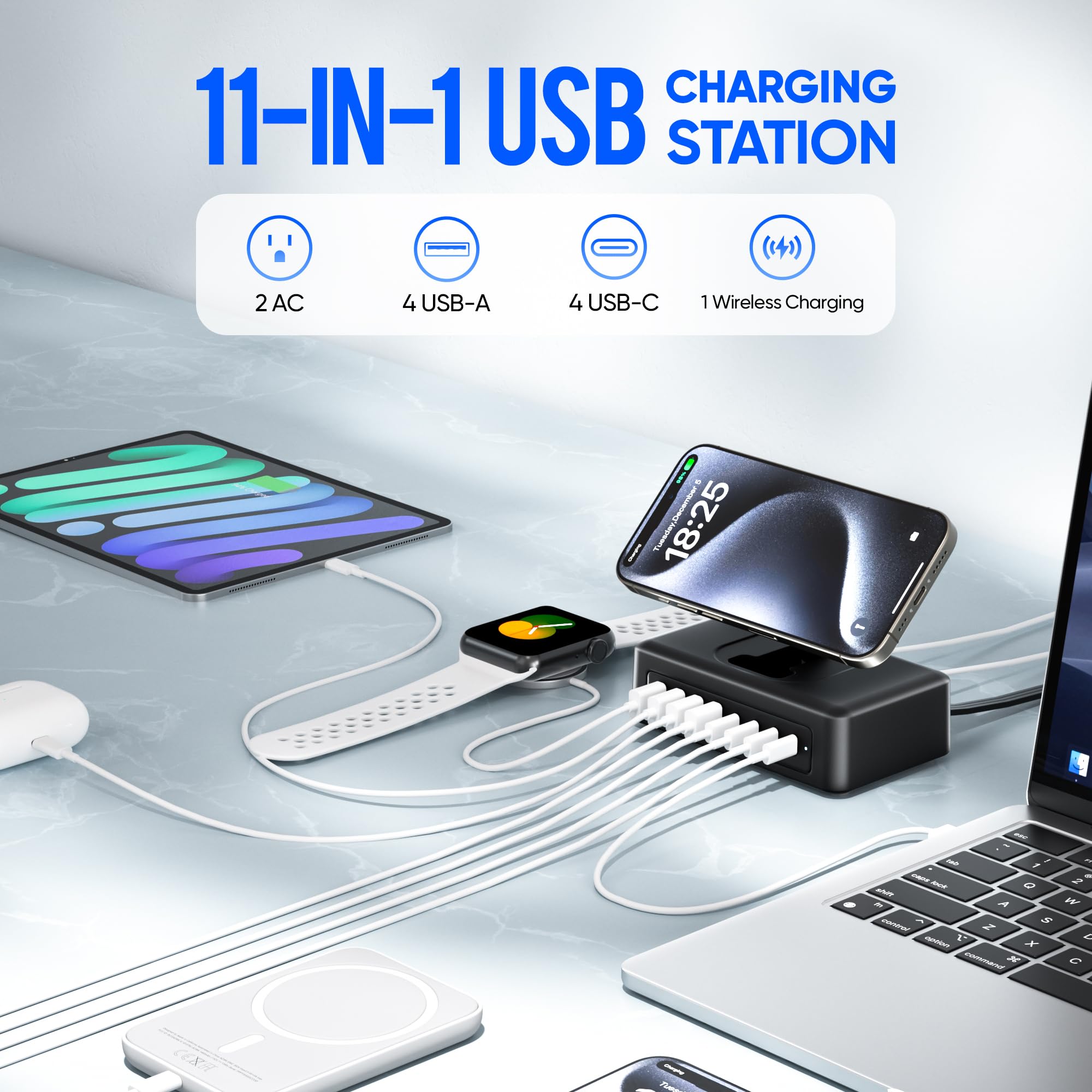 300W USB Ladestation, 11-in-1 USB C Steckdosenleiste Überspannungsschutz, 2AC-Steckdosen & 8USB-Anschlüsse, 1,5 m Flachstecker-Verlängerungskabel mit mehreren Geräten, Desktop-Ladegerät für Home