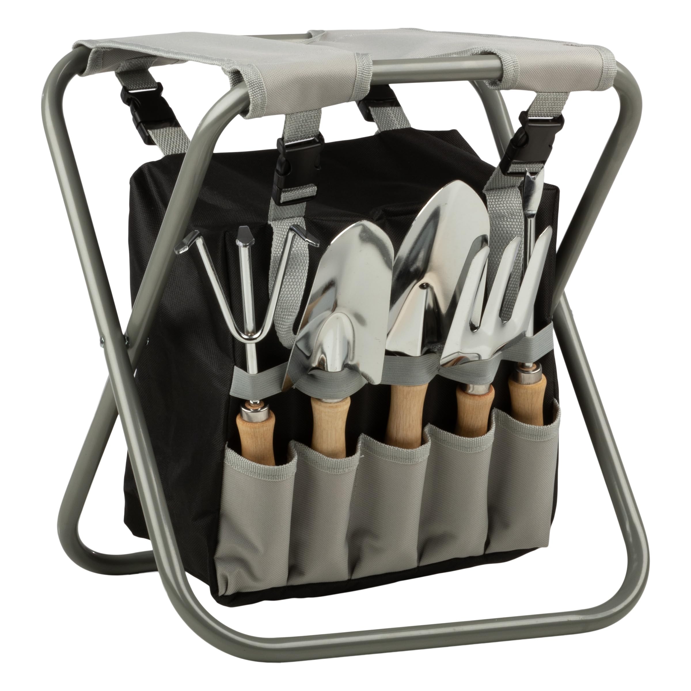 Pure Garden Gartenwerkzeug-Set – Klapphocker mit 113 kg Kapazität, Abnehmbarer Tasche mit 7 Taschen und 5 Gartengeräten zum Jäten und Pflanzen (Grau)