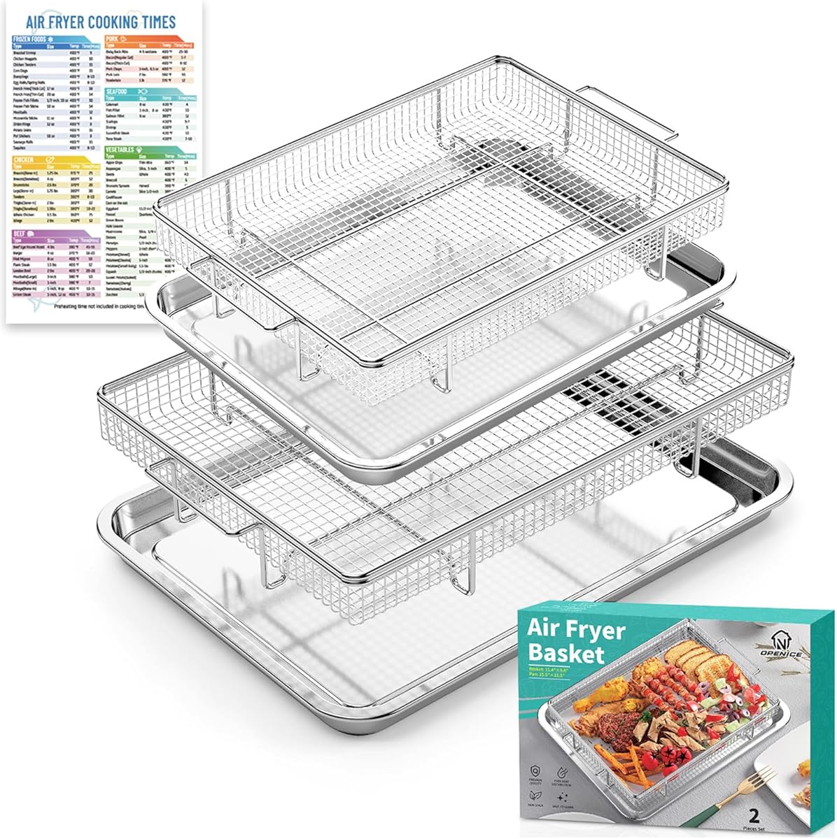 Air Fryer Basket for Oven, 25% Thicker, OPENICE 2 Set Oven Air Fryer Basket and Tray with Magnetic Cheat Sheet, Stainless Steel Air Fryer Pans and Crisper Tray for Convention