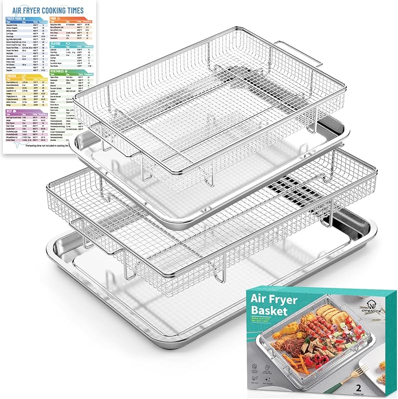 OPENICE Cesta para freidora de aire para horno con hoja magnética, juego de 2 | Cesta y bandeja para freidora de aire para horno un 25 % más gruesas | Sartenes para freidora de aire de acero inoxidable y bandeja para verduras para convenciones