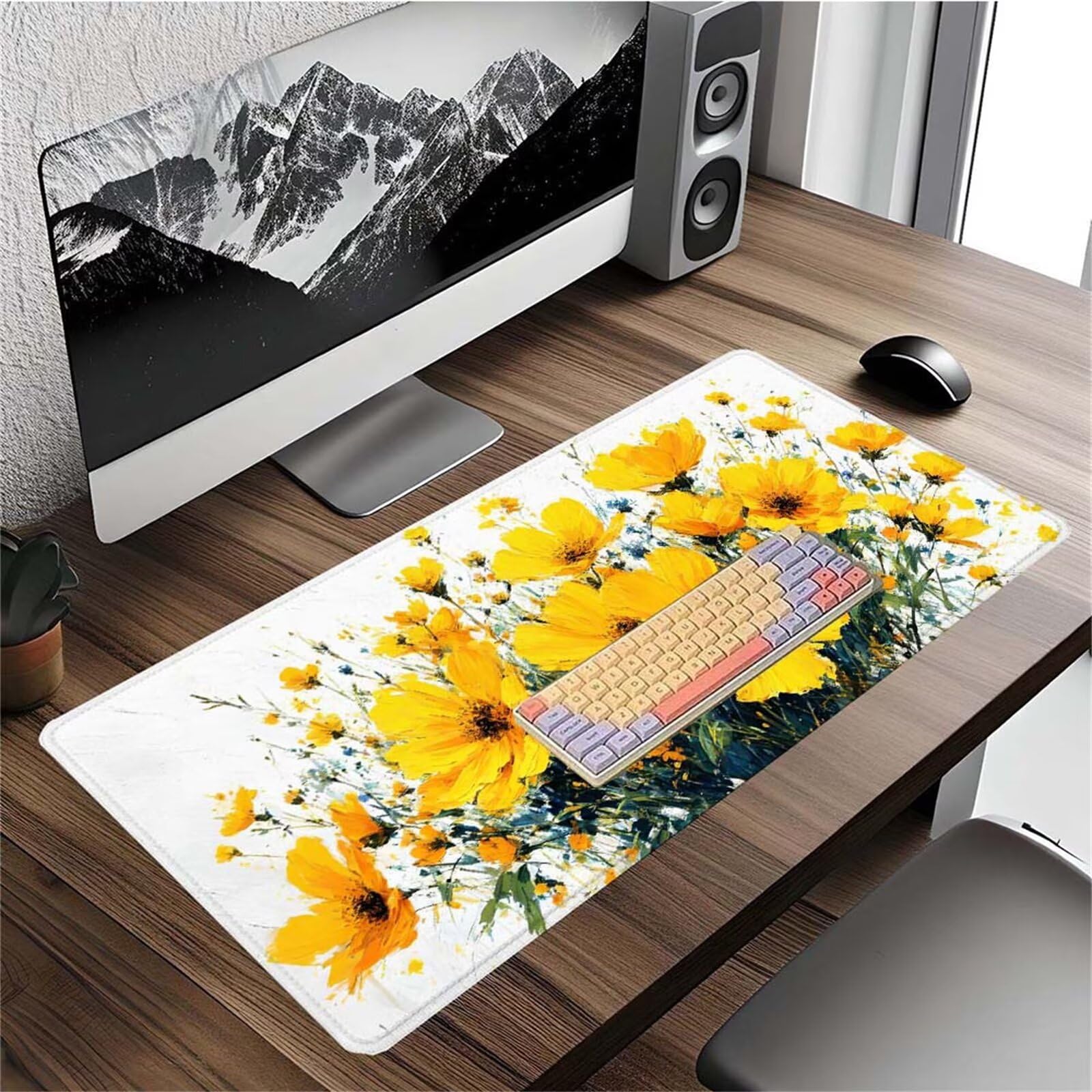 Alfombrilla Ratón Amarillo Flor Alfombrilla Ratón XXL 1400x600x3mm Mouse Pad Resiste Salpicaduras, Extendida de Gran Tamaño con Bordes Cosidos, Mejora la Precisión y la Velocidad, Antideslizante y-275