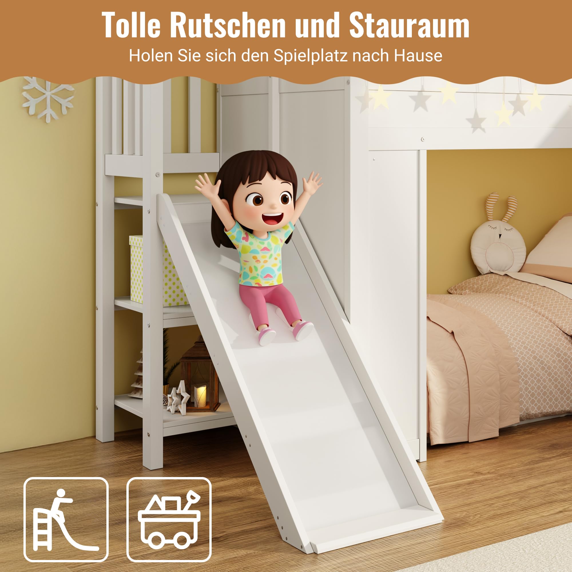 Merax Kinder Hochbett 90x200 cm, Etagenbett mit Rutsche, LED-Lichtleiste, Rausfallschutz und Stauraumtreppe, Massivholz & MDF, Weiß (ohne Matratze)