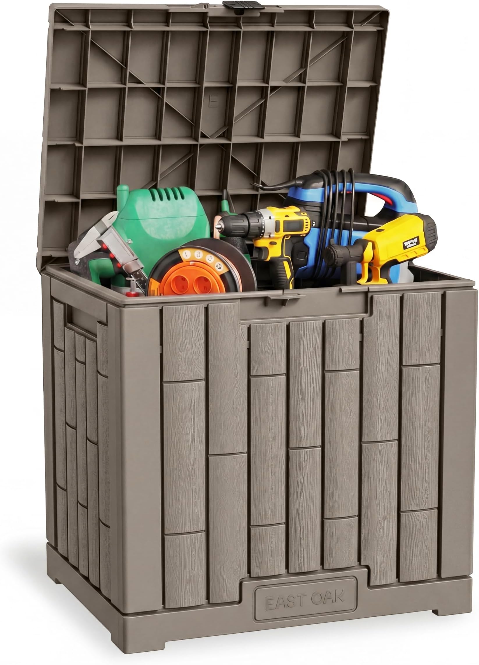 EAST OAK Outdoor Storage Box, 31 Gallon Deck Box, Waterproof Resin Storage Bin for Patio Cushions, Gardening Tools, Accessories, Lockable, UV Resistant, Brown