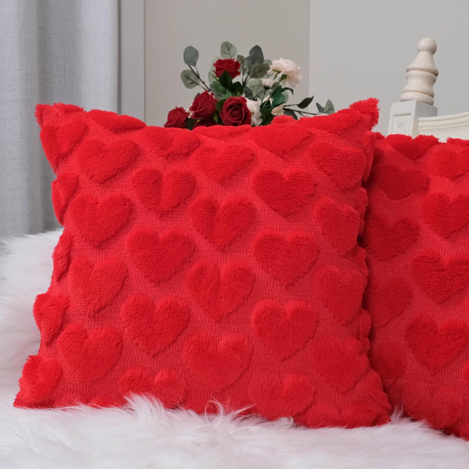 GEEORY Valentines Day Soft Plush Love Heart Pillow Covers, 18 x 18 Inch Set of 2, Faux Fur Wool Decorative Anniversary Cushion Case for Sofa Home Decoration Red GC010-18