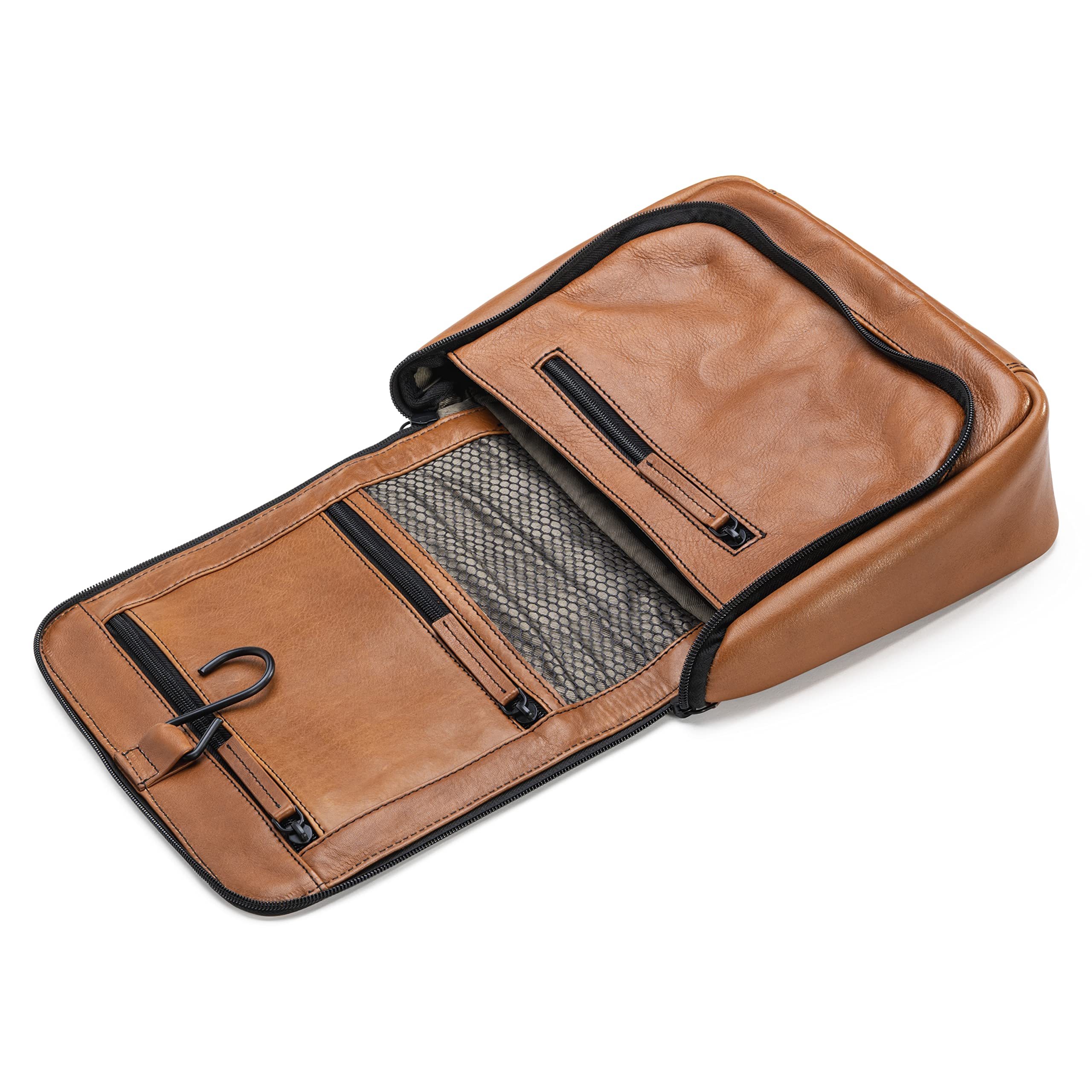 Memphis Damen/Herren Leder Kulturbeutel | große Kosmetiktasche mit Haken zum Aufhängen | viele Fächer mit Reißverschluss | Beauty-Case 27 cm mit Reißverschluss auf der Rückseite