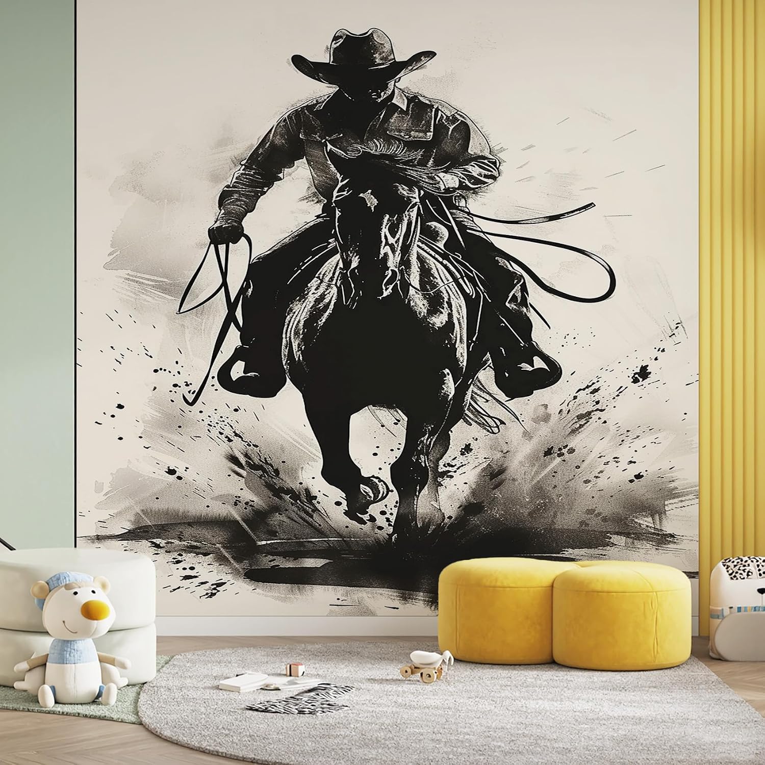 Cowboy Mural, Black Horse Wallpaper for Bedroom, Wild West Wall Mural for Living Room Dining Room Home Decor(Non-self-Adhesive)