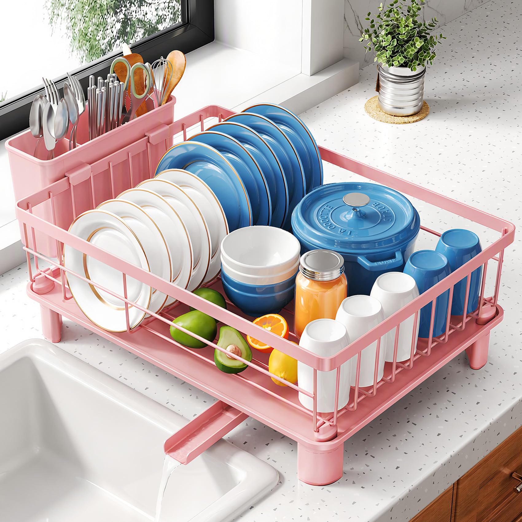 SNTD Dish Drying Rack for Small Kitchen Counter, 12.9" W x 16.9" L, Pink