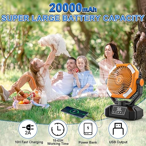 Miniatura 2 de Ventilador de camping recargable de 20000 mAh, potente ventilador de batería de 5 velocidades para camping, ventilador oscilante con linterna LED,