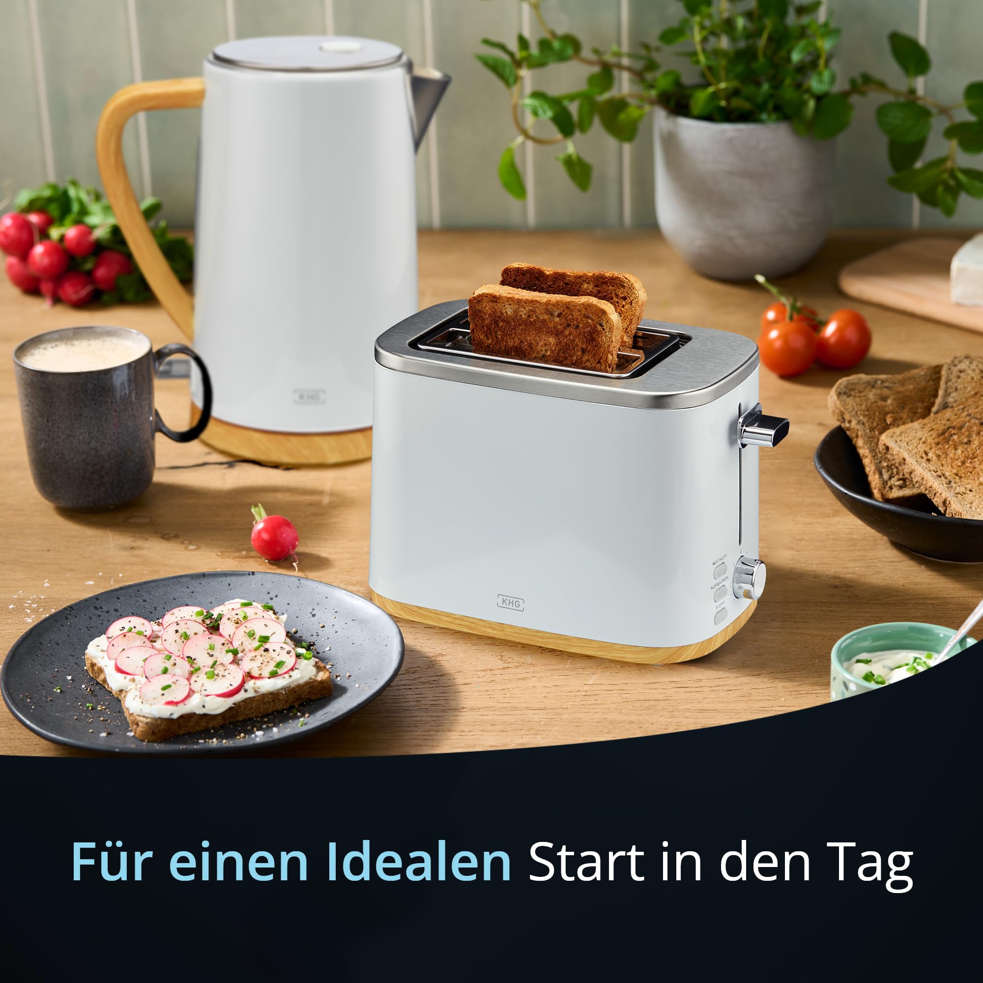 KHG Wasserkocher und Toaster Set 2-teilig 2200 800 Watt 1,7 Liter 2 Scheiben Weiß Holzoptik