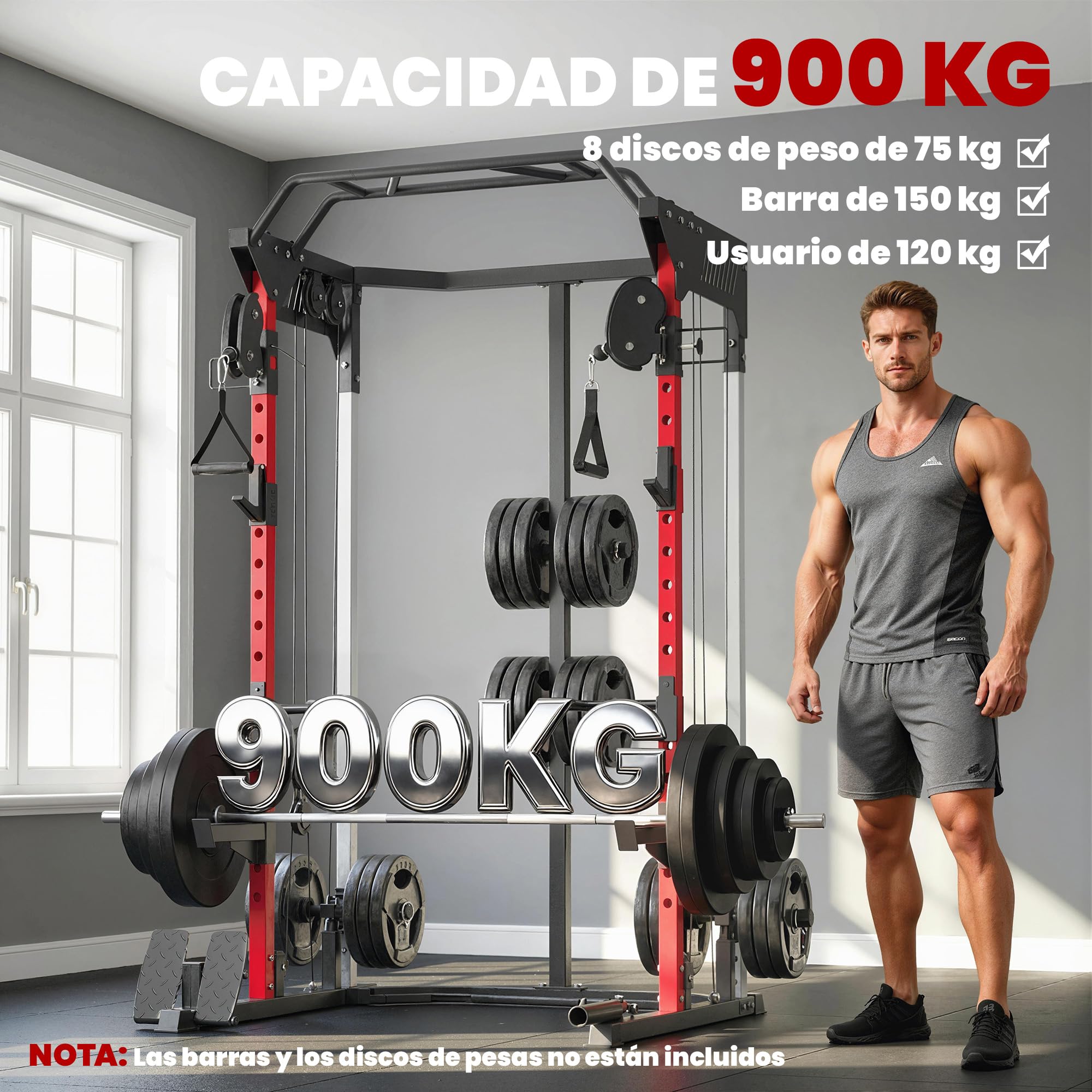 SPORTNOW Jaula de Potencia Musculación con Sistema de Poleas Ajustable, Rack para Sentadillas con Barra de Dominadas, Estación de Fondos, Soporte Barra, para Casa en Gimnasio, Carga 900 kg