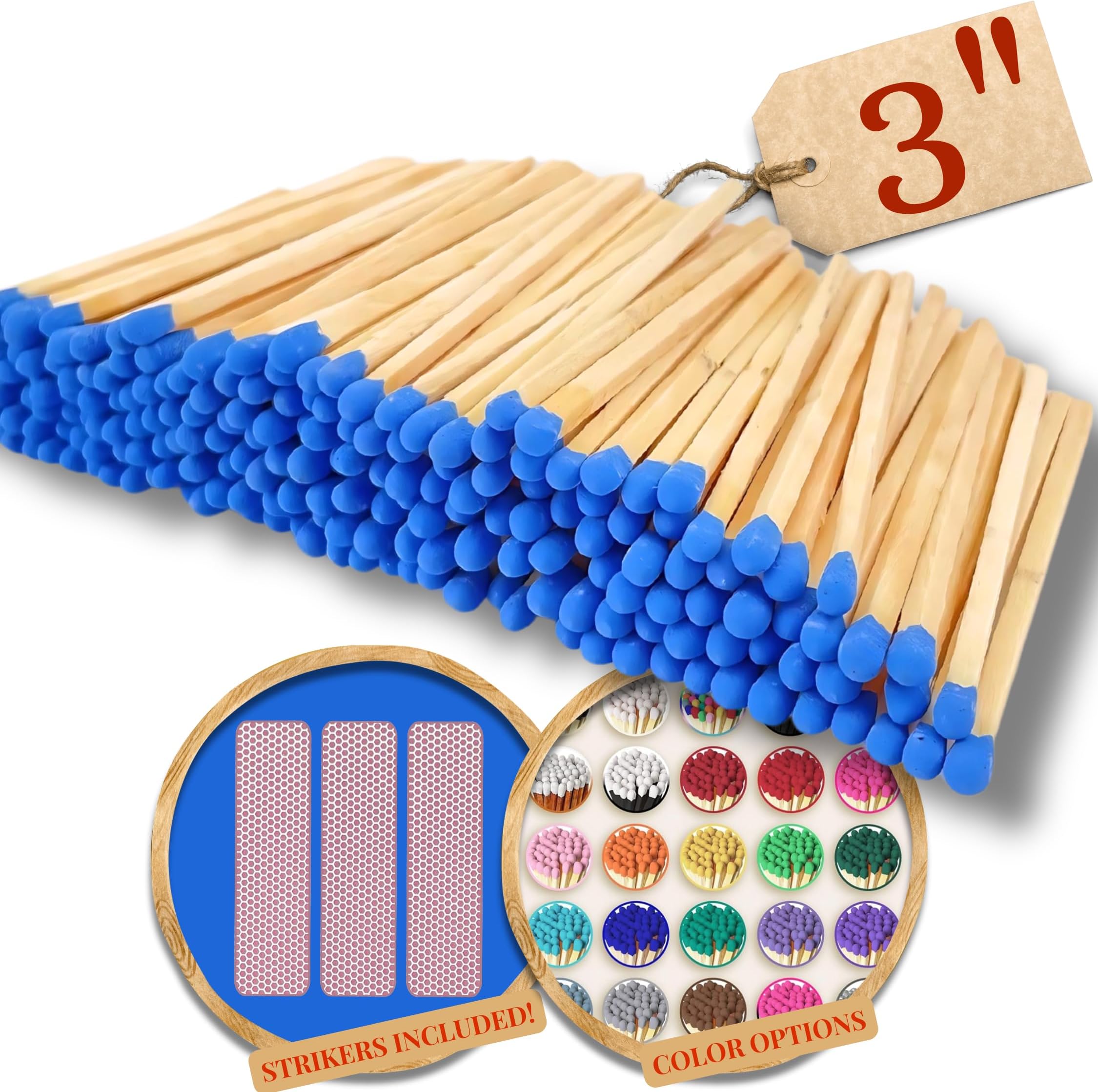 100 Count - 3" Long Blue Color Matches | Three Inch Coloful Loose Wooden Safety Match Sticks for Candle Display | Refill Decorative Jar Holder Bottle | Striker Included