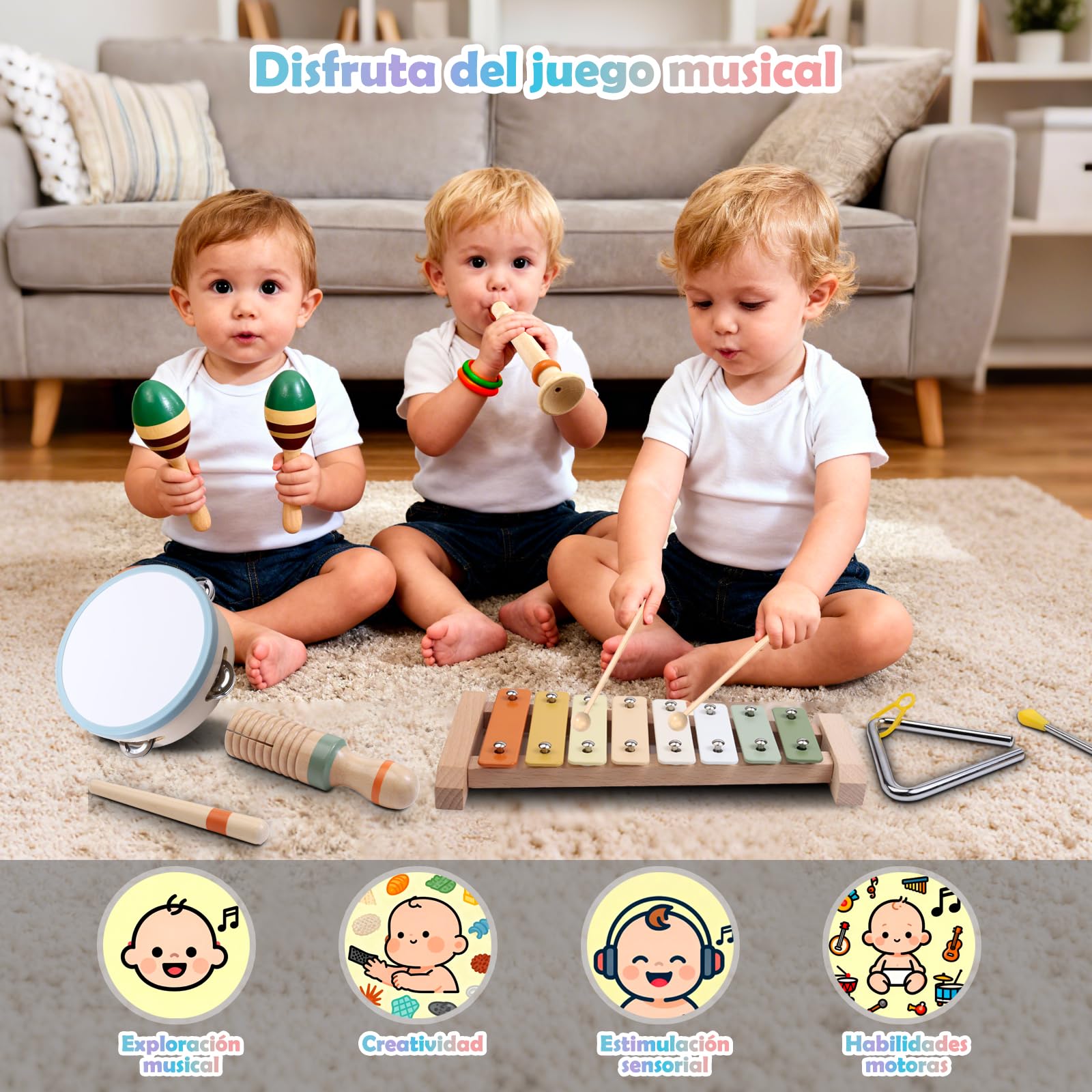 Instrumentos Musicales de Madera para Niños de 3 4 5 Años, Set Montessori de 12 Piezas con Xilófono, Pandereta, Maracas, Triángulo y Güiro, Percusión Infantil