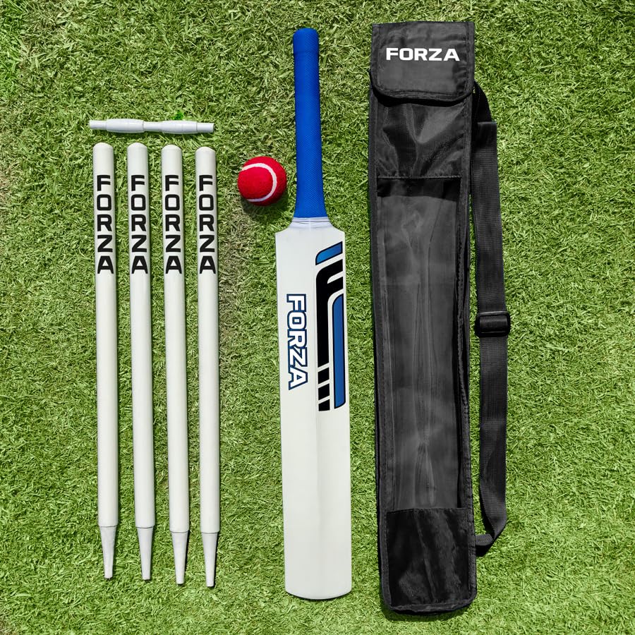 FORZA Ensemble de cricket en bois - Batte de cricket en saule du Cachemire et balle de tennis, kit complet de cricket de jardin junior avec souches, cautions et sac de transport robuste