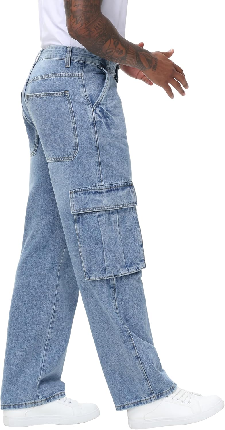 Men's Non-Stretch Loose Fit Wide-Leg Baggy Cargo Jeans Pants - Image 4