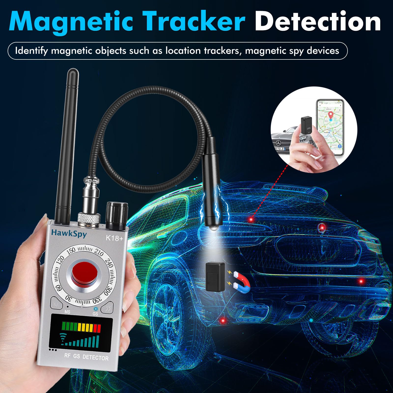 K18 Kamera Detektor & RF Signaldetektor, Elektronischer Kamerafinder mit Magnetfelderkennung, Einstellbare Empfindlichkeit, Ton- und Vibrationsalarm, Tragbar, USB-C, Silber