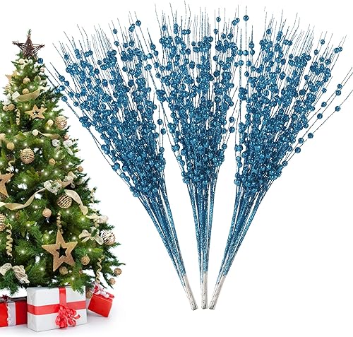 Decoración de tallos de bayas artificiales con purpurina para Navidad, palitos decorativos de cuentas, ramas brillantes para árbol de Navidad,