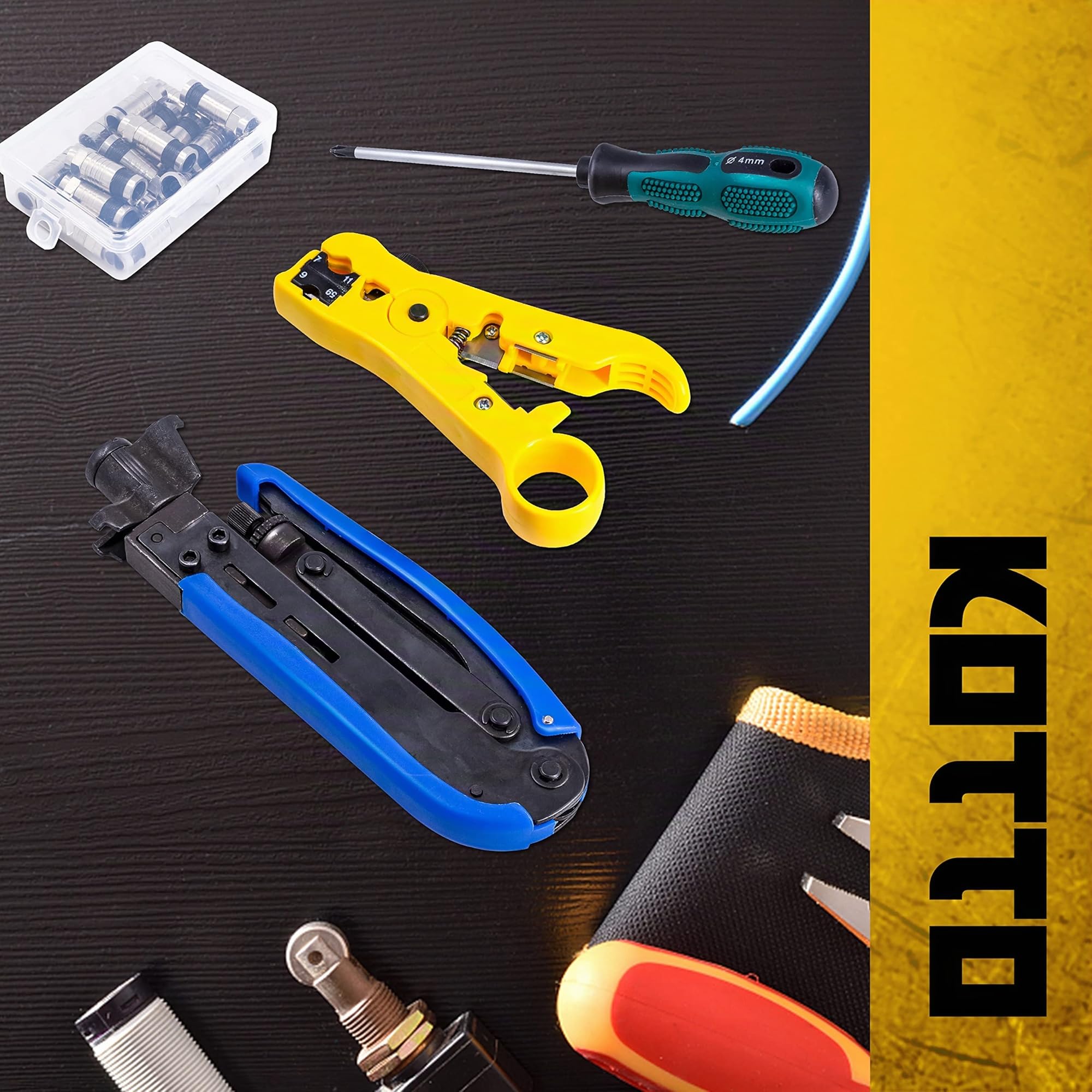 KOTTO Abisolierwerkzeug für Koaxialkabel Set Kompressionszange Abisolierzange, verstellbar RG6,RG59,RG11,75-5,75-7, mit 20 F-Kompressionssteckern, Kreuzschlitzschraubendreher, Lagerungstasche