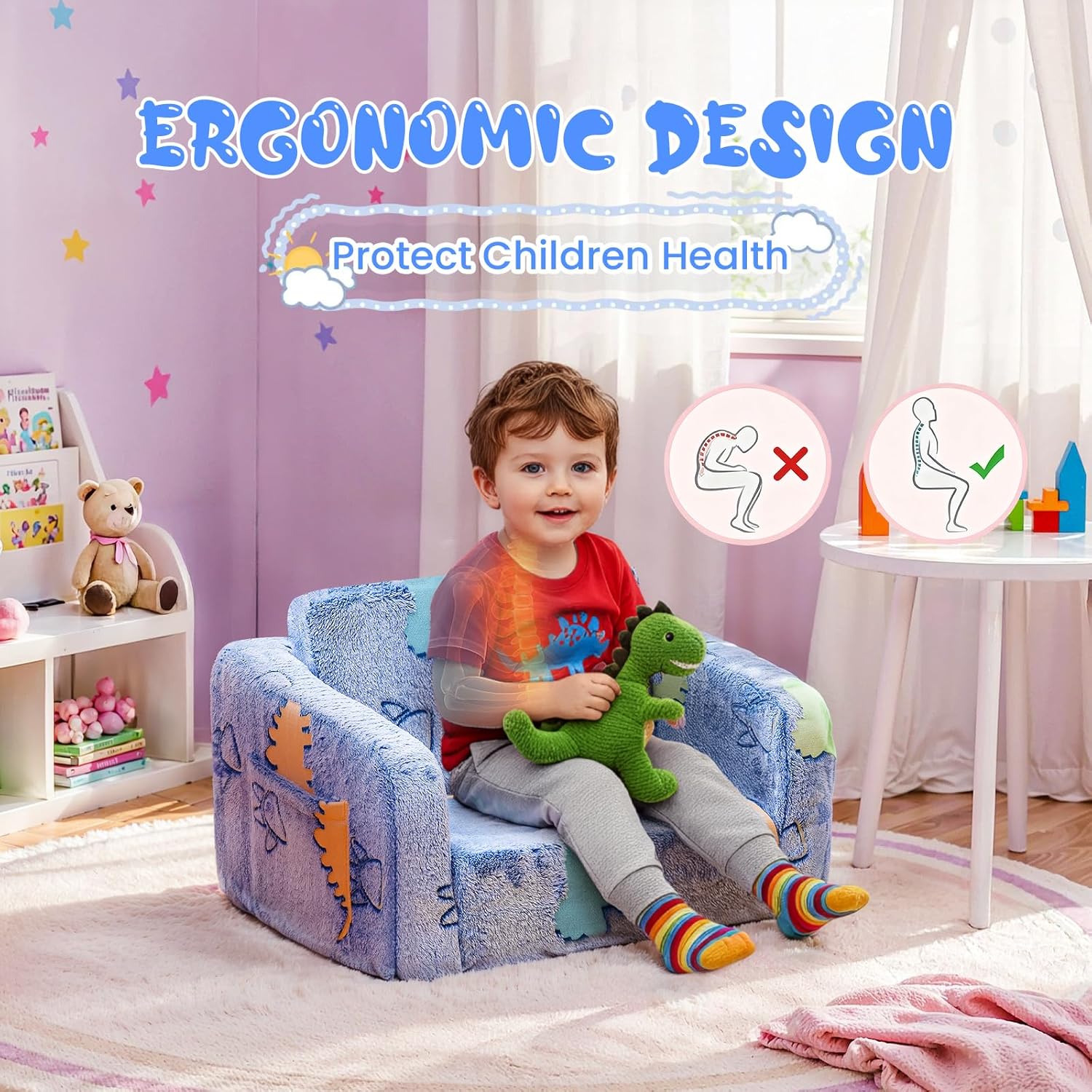 Lamerge 2-in-1 Soft Toddler Couch Fold Out,Foldable Toddler Chair, Glow in The Dark Kids Sofa for playroom,Convertible Foam and Floor Cushion for Boys and Girls (Blue and Dinosaur)