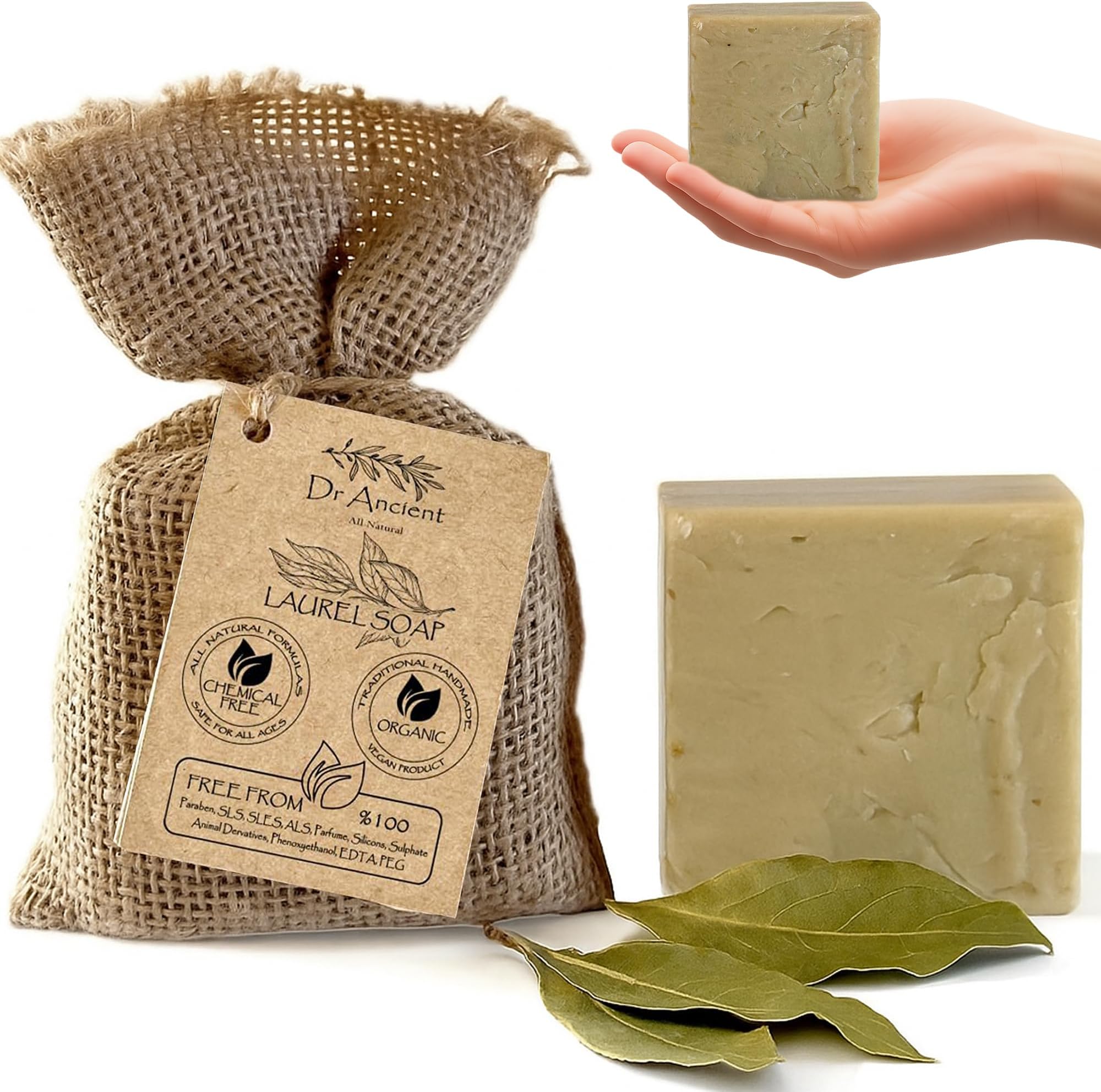 Dr.Ancient Aleppo Laurel Soap Bar, Organic Soap Bars Handcrafted the Traditional Way, Natural Chemical-Free, Vegan, Used for Face Wash, Body Wash, Hand Cleansing and Daily Skin Care, Gentle Cleanser