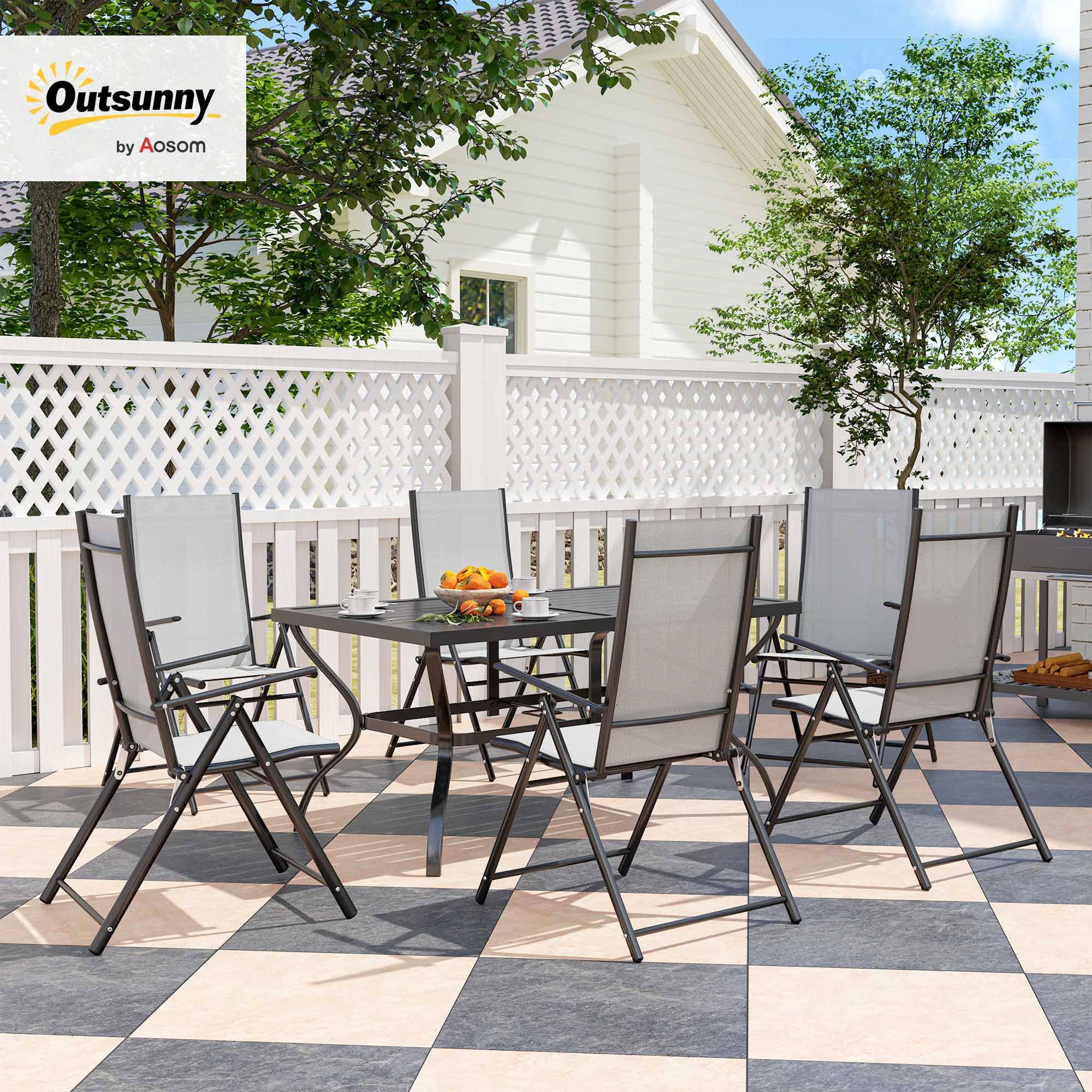 Outsunny Set Tavolo e Sedie da Giardino da 7 Pezzi Rettangolare Grigio | Tavolo da Pranzo con Foro per Ombrellone, 6 Sedie Pieghevoli da Esterno con Schienale Alto, in Acciaio