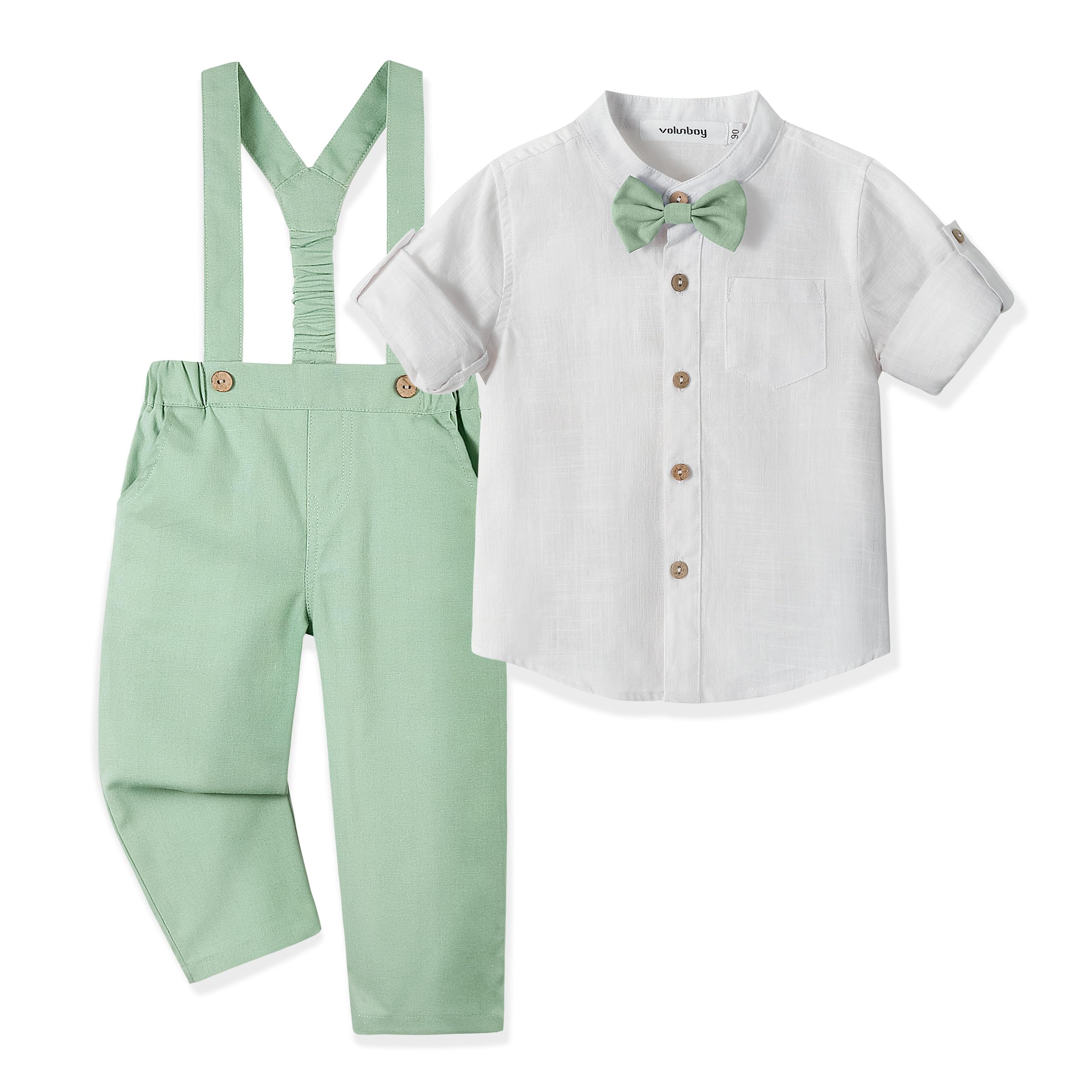 Volunboy Trajes para Bebé Niños de Boda Ceremonia Fiesta, Lino Camisa con Pajarita + Tirantes Pantalones 4 Piezas Conjunto Ropa