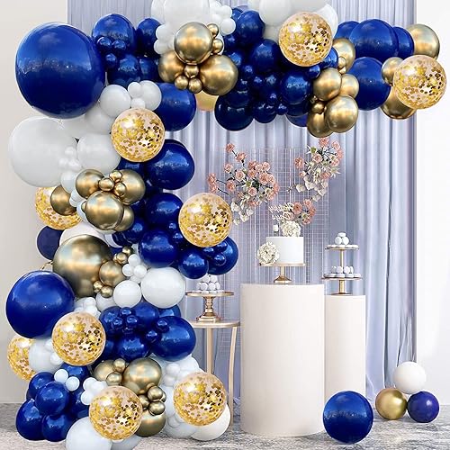 Miniatura 1 de Zesliwy Kit de guirnalda de globos de color azul marino y dorado, 131 piezas de globos de confeti azul marino, dorado, blanco, kit de arco para