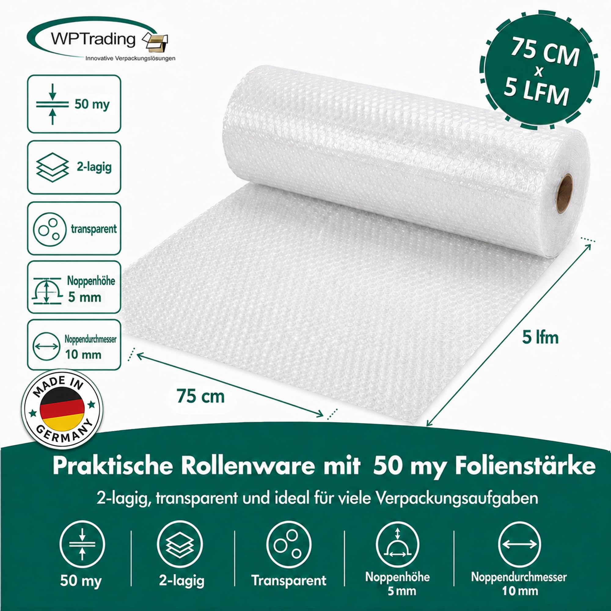9 x Rolle Luftpolsterfolie 75 cm x 5 m (2-lagige mit 50 my) - Noppenfolie 75cm breit mit Noppenhöhe 5 mm - Stoßdämpfende Verpackungsfolie reißfest & transparent für Versand & Umzug