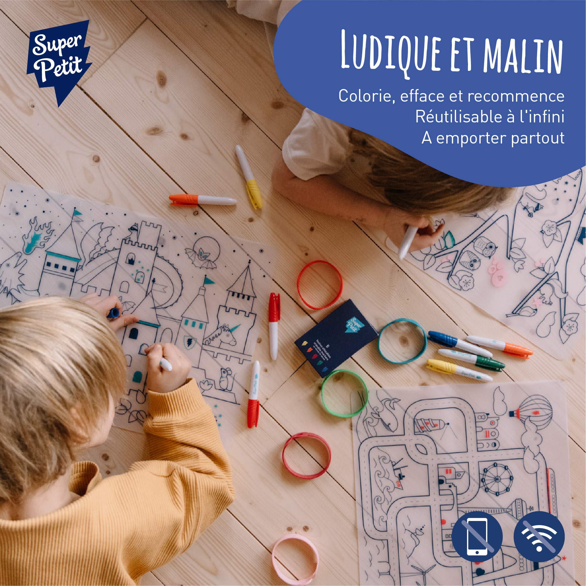 SUPER PETIT, Colouring Placemat, Space, 5 Felt-Tip Pens & Bracelet Included, Easy to Clean, Reusable, Antibacterial - Image 4