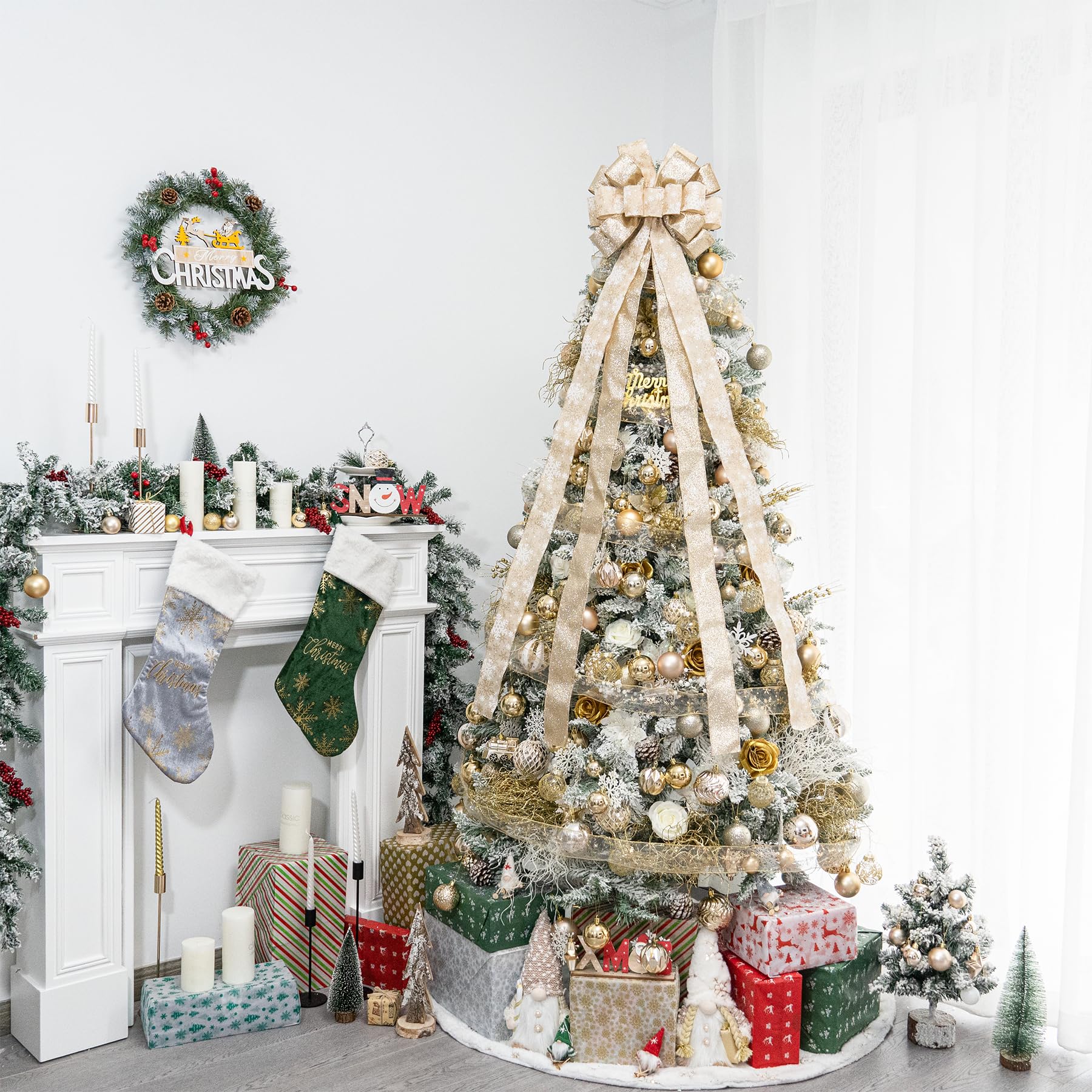 Hismir Lazo Grande de Navidad con Serpentina de Purpurina y Cinta Estampada, Lazos Decorativos para árbol de Navidad, Corona, Puerta, Festival, decoración del hogar (Copo de Nieve Dorado)