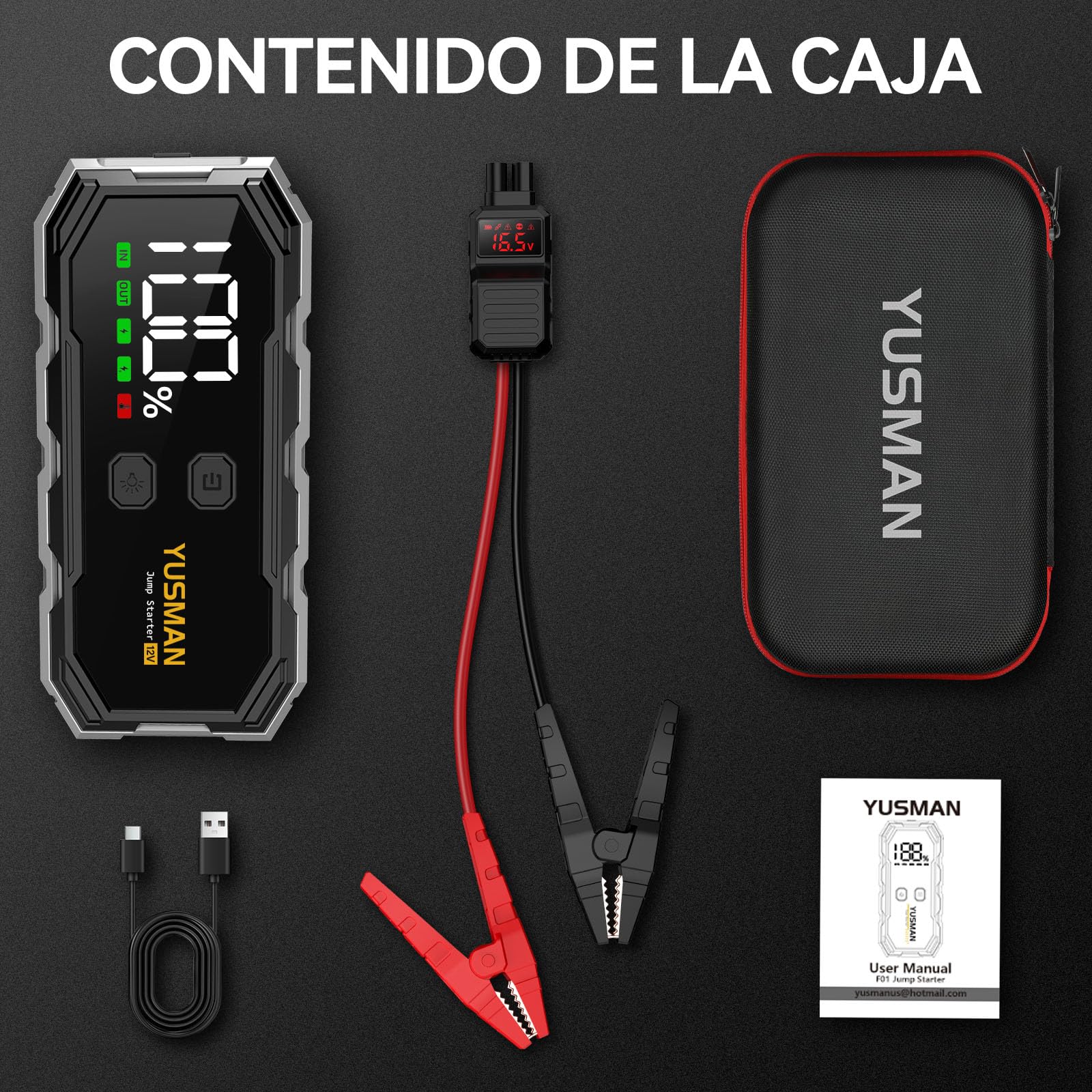 YUSMAN Arrancador de Coche,7000A Arrancador de Baterias de Coche,12V Arrancador de Portátil con para All Gasolina o 10L Diesel, Linterna LED de Emergencia,Carga Rápida, Pantalla LCD Extragrande