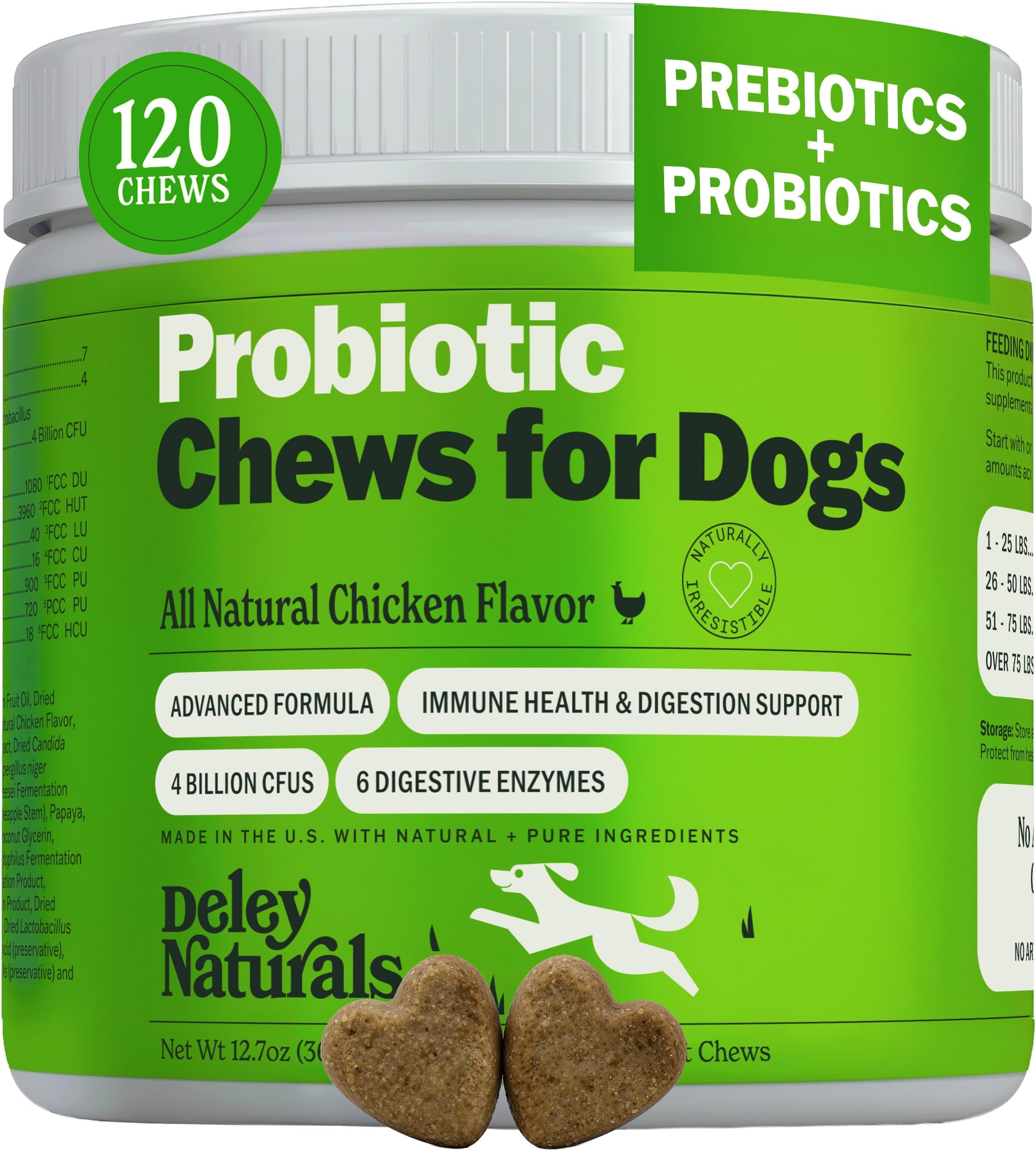 Deley Naturals Dog Probiotic Chews - 4 Billion CFU Probiotics for Dogs with Digestive Enzymes & Prebiotics - Grain Free Soft Chews for Gut Health & Digestive Support - 120 Chicken Chews Made in USA